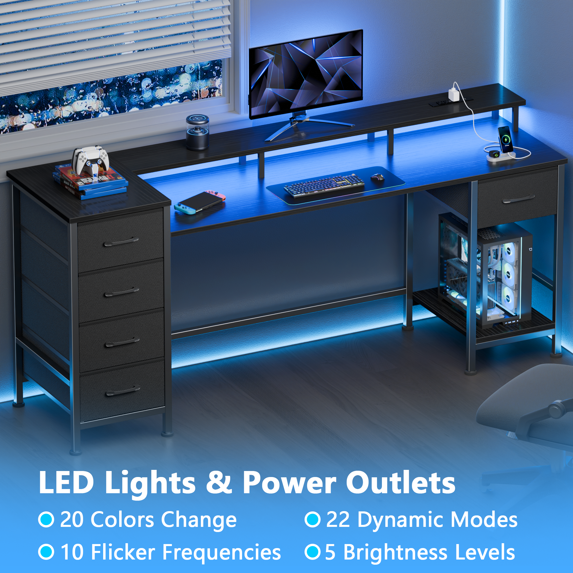 61 Inch Black Computer Desk with Charging Station Gaming Desk LED Lights Reversible 5 Fabric Drawers Home Office Writing Table Study Storage