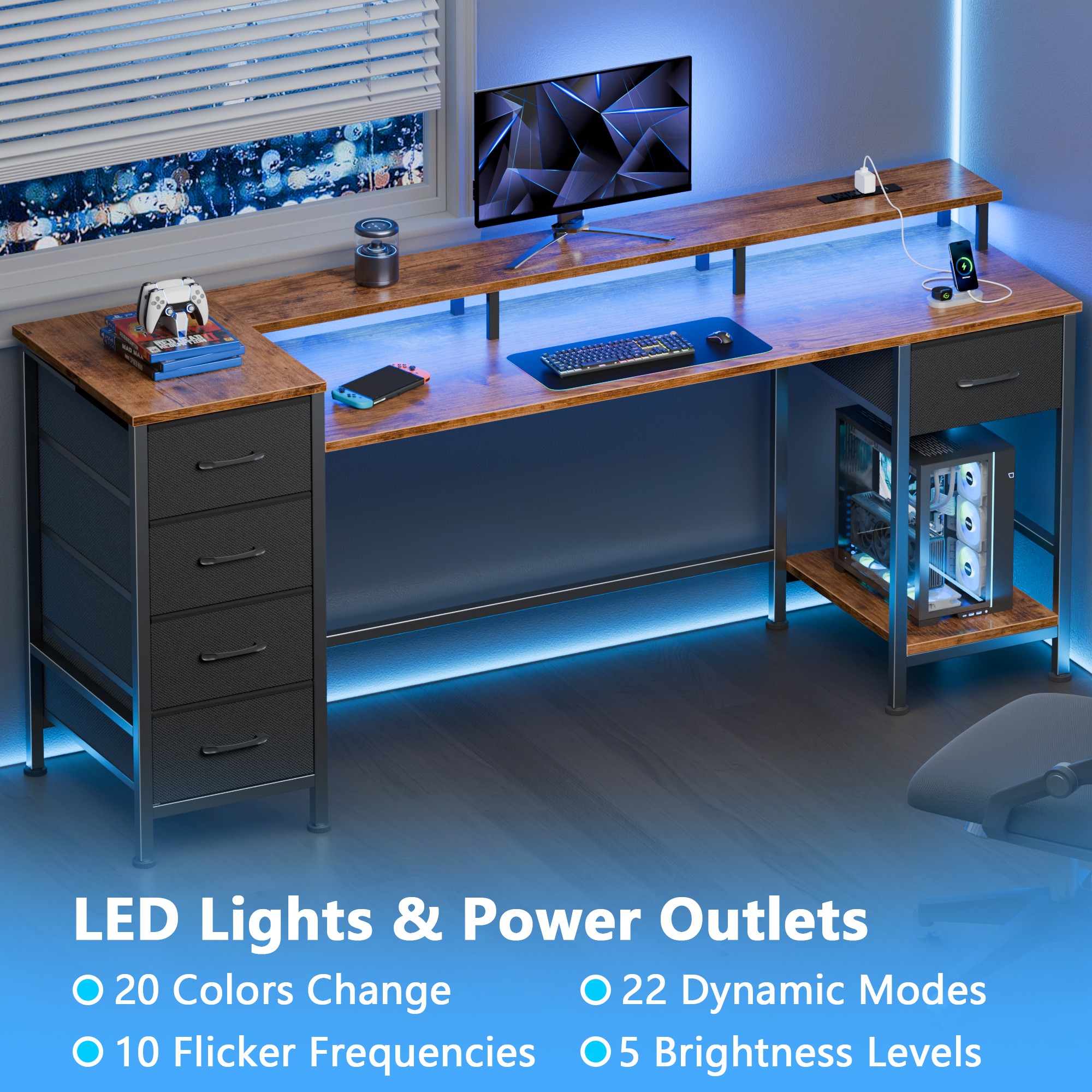 61 Inch Brown Computer Desk with Charging Station Gaming Desk LED Lights Reversible 5 Fabric Drawers Home Office Writing Table Study Storage