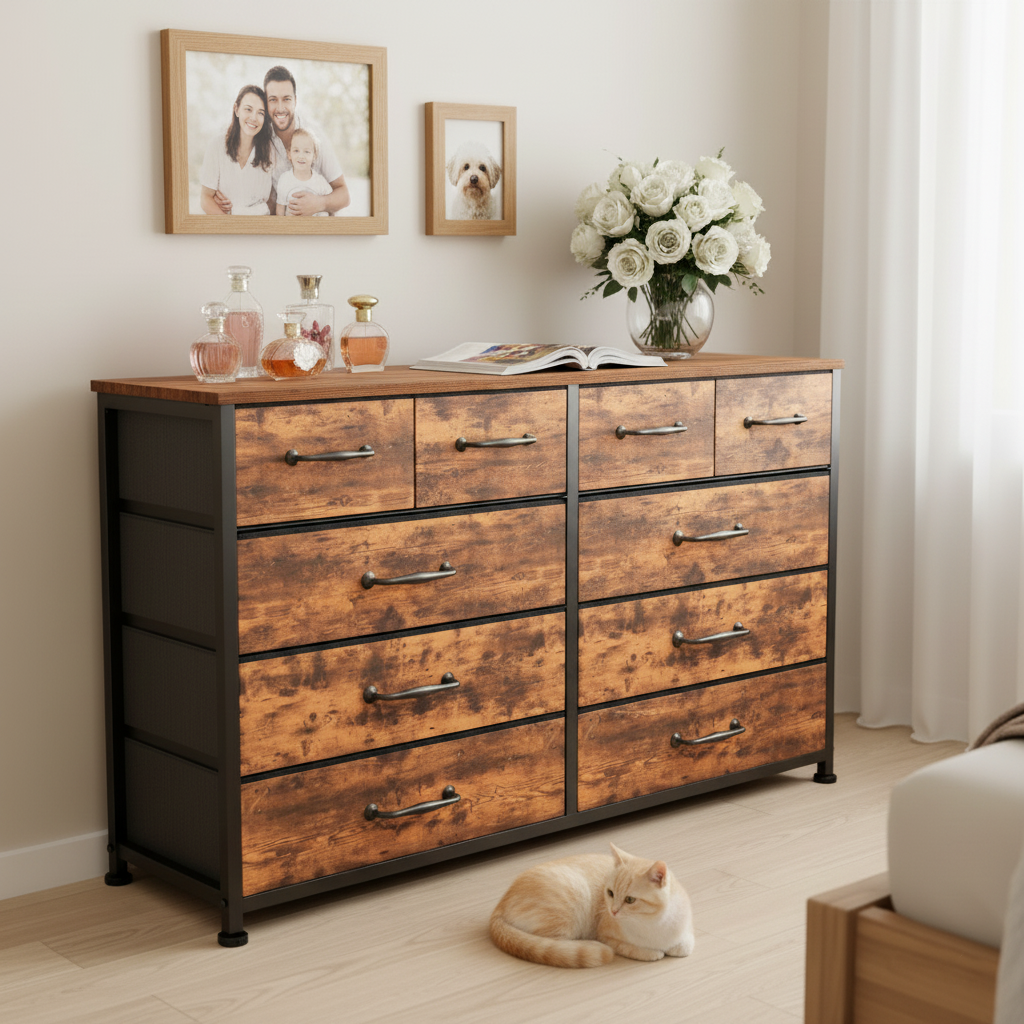 Dresser for Bedroom with 10 Fabric Dresser TV Stand for 40-45-50 inch Tv Dressers Chest of Drawers for Living Room Hallway Entryway Metal Frame Brown