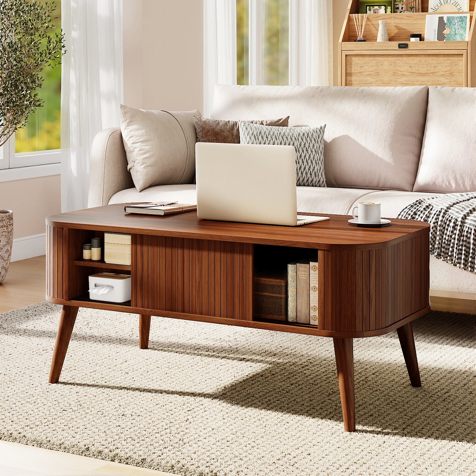 Qwatto Mid Century Modern Coffee Table with Storage Fluted Sliding Cabinet Door Farmhouse Wood Rectangular Center Table Living Room Walnut Finish