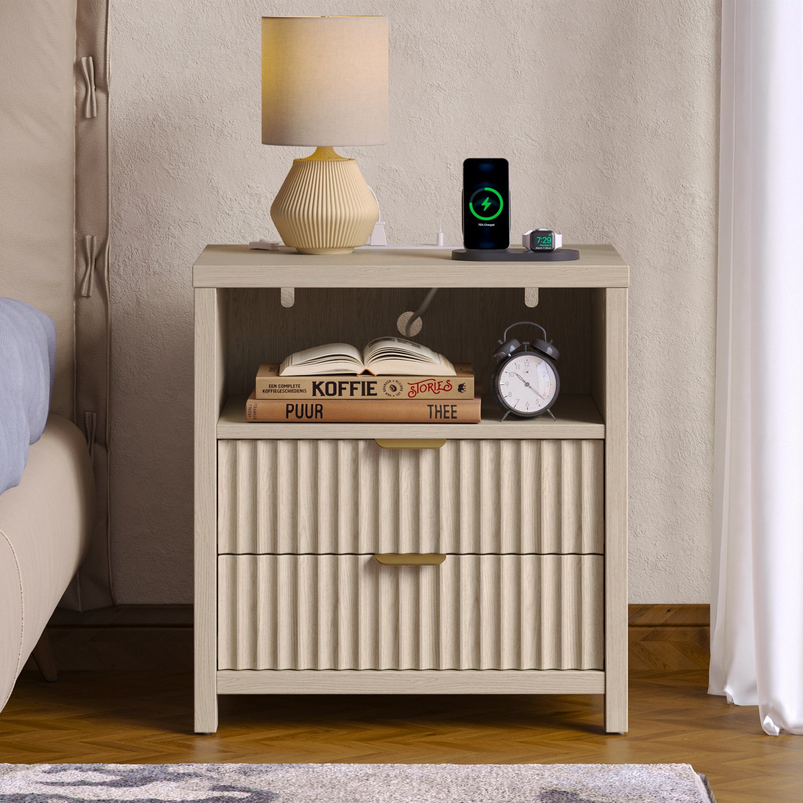 Nightstand with Charging Station Accent Night Stand with 2 Drawers and Storage Shelf Slide Drawer Bedside Table for Bedroom Natural Oak Thick Wood