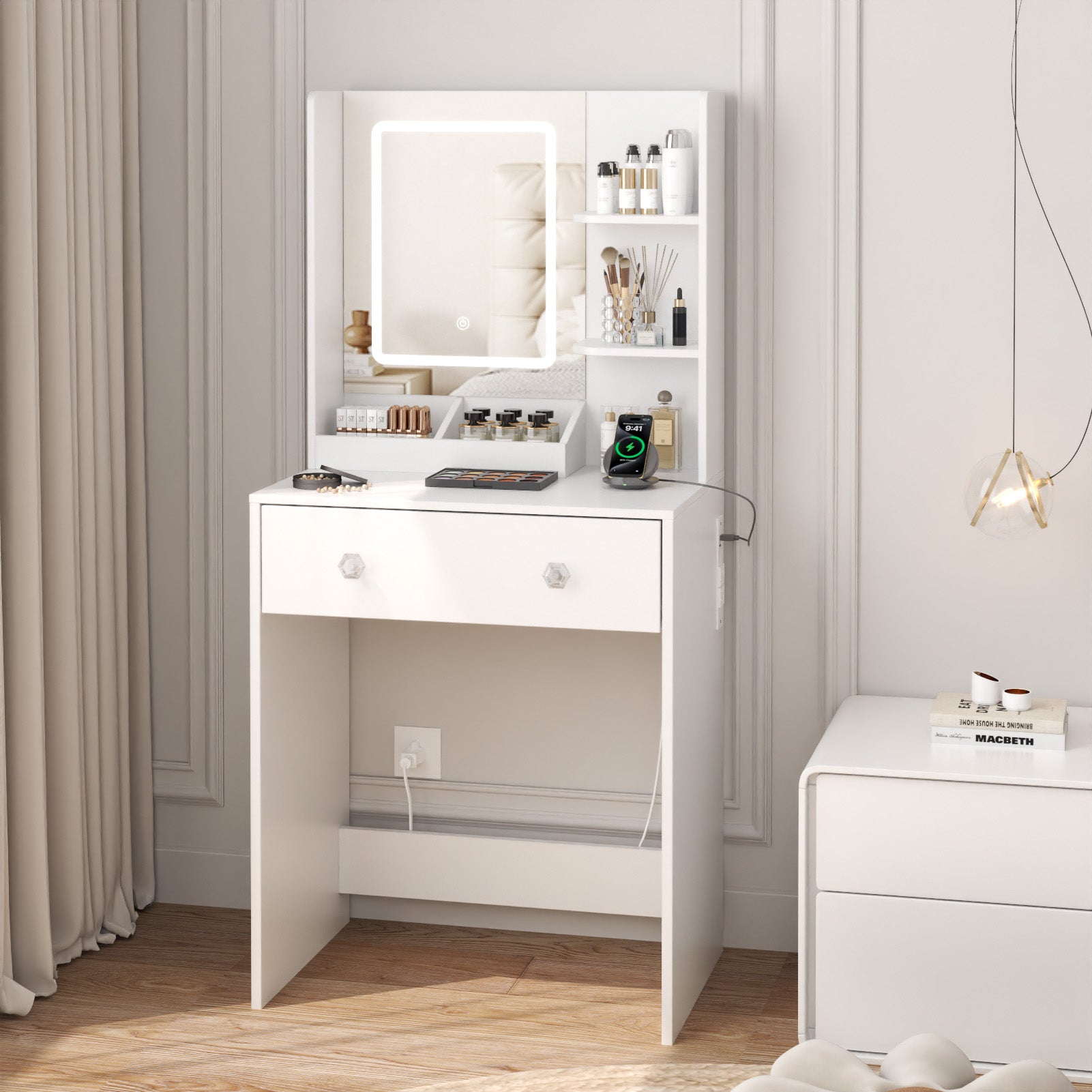 White Vanity Desk with LED Lighted Mirror and Built-in Power Outlet 24 Inch Small Makeup Dressing Table with 2 Drawers and 3 Shelves for Girls Room