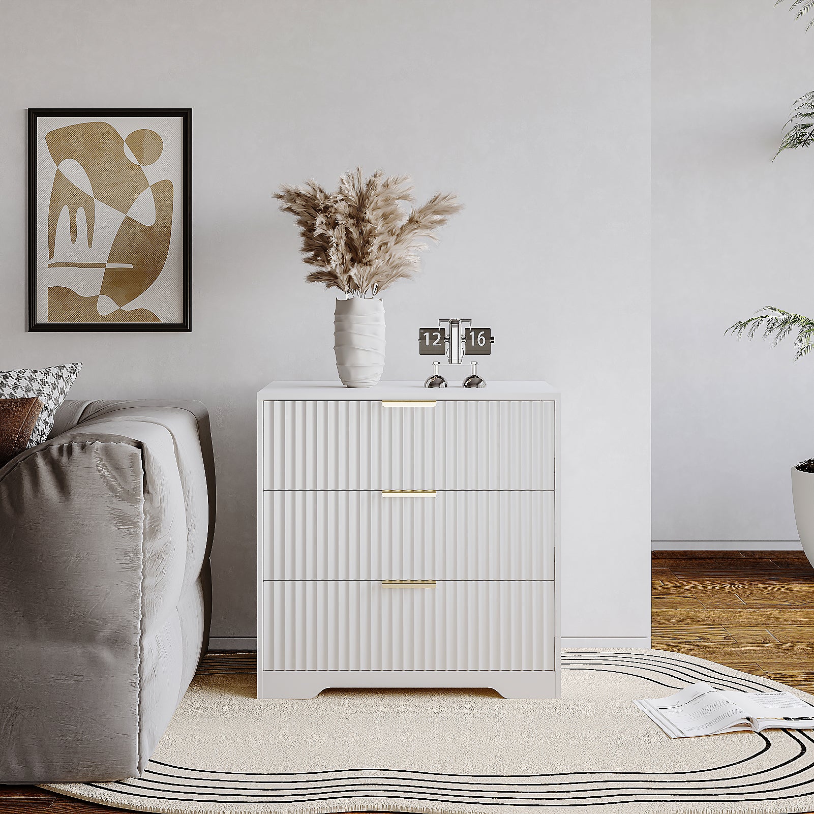 Modern Farmhouse White Nightstand 3 Drawer Fluted Wood Bedside Table Large Storage Cabinet Accent Chest Bedroom Furniture 27 Inch Wide End Table