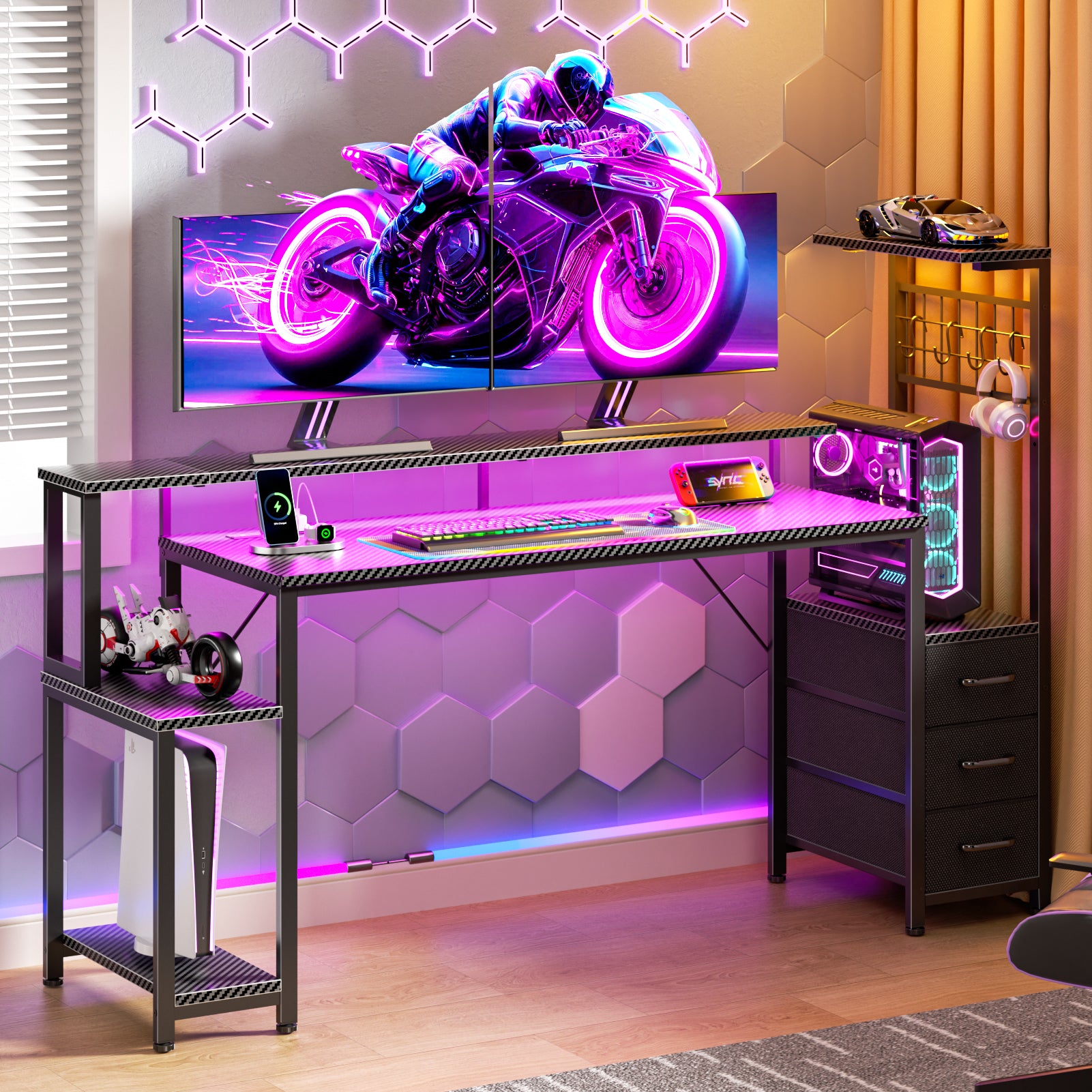 63 Inch Gaming Computer Desk Workstation with Fabric Storage Drawers Monitor Stand and Reversible Setup for Home Office Bedroom Classic Black Finish