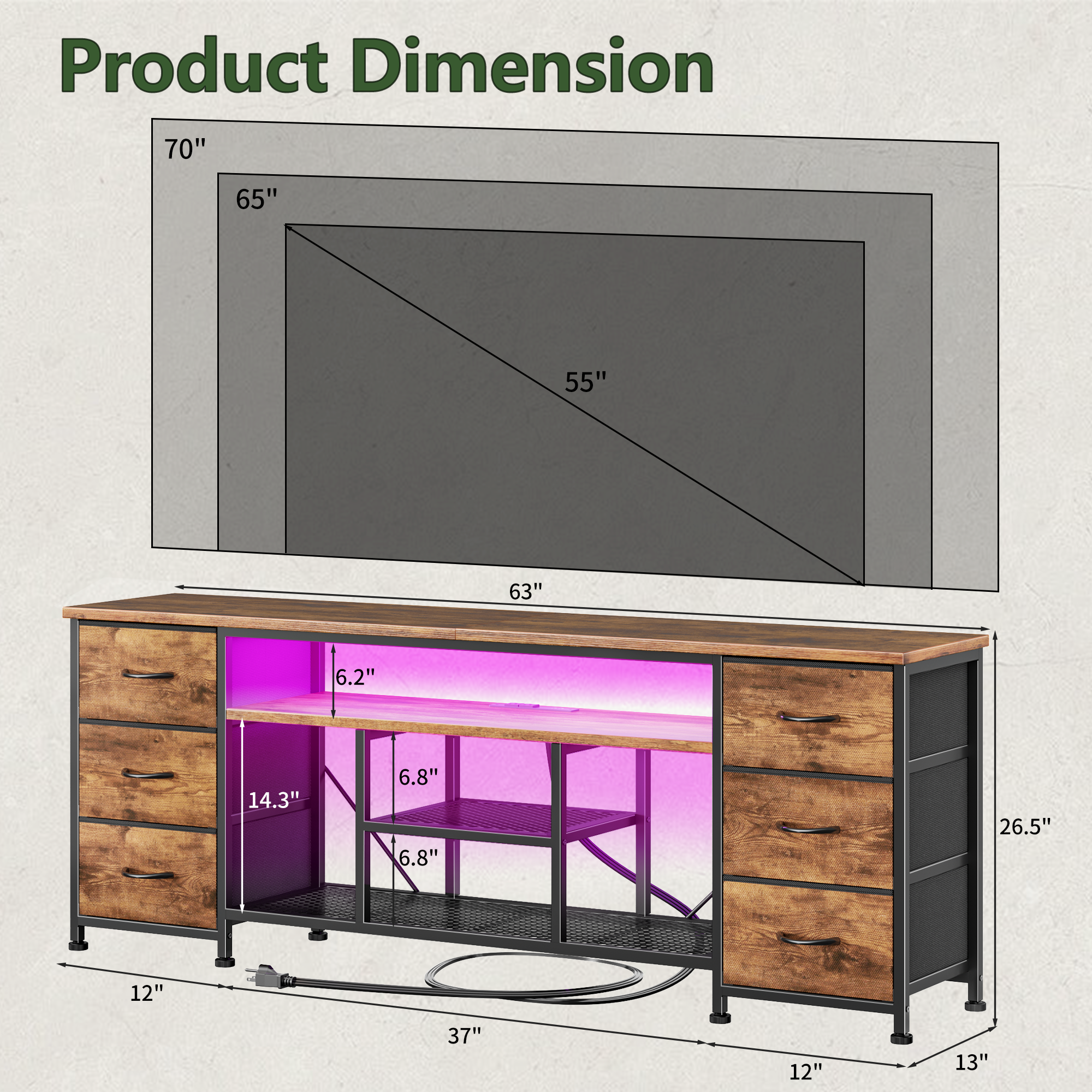 Qwatto 63 Inch Brown TV Stand Dresser with Charging Station LED Lights 6 Fabric Drawers Entertainment Center for TVs up to 70 Inch Bedroom Storage