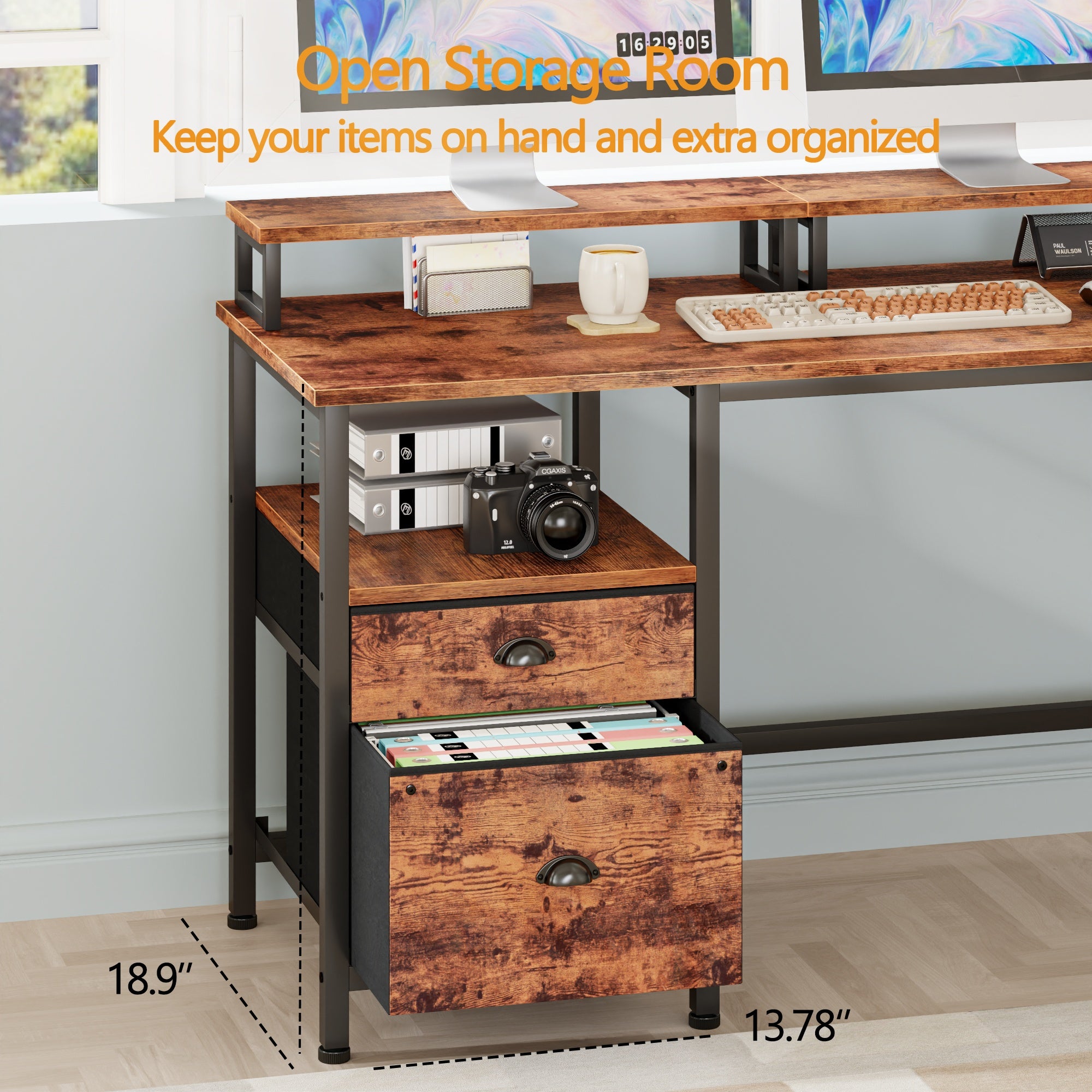 59" Computer Desk with 4 Drawers and Printer Space, Gaming Desk with LED Lights and USB Power Outlets, Office Desk with Fabric File Cabine,Work Table with Shelf fo Bedroom, Rustic Brown