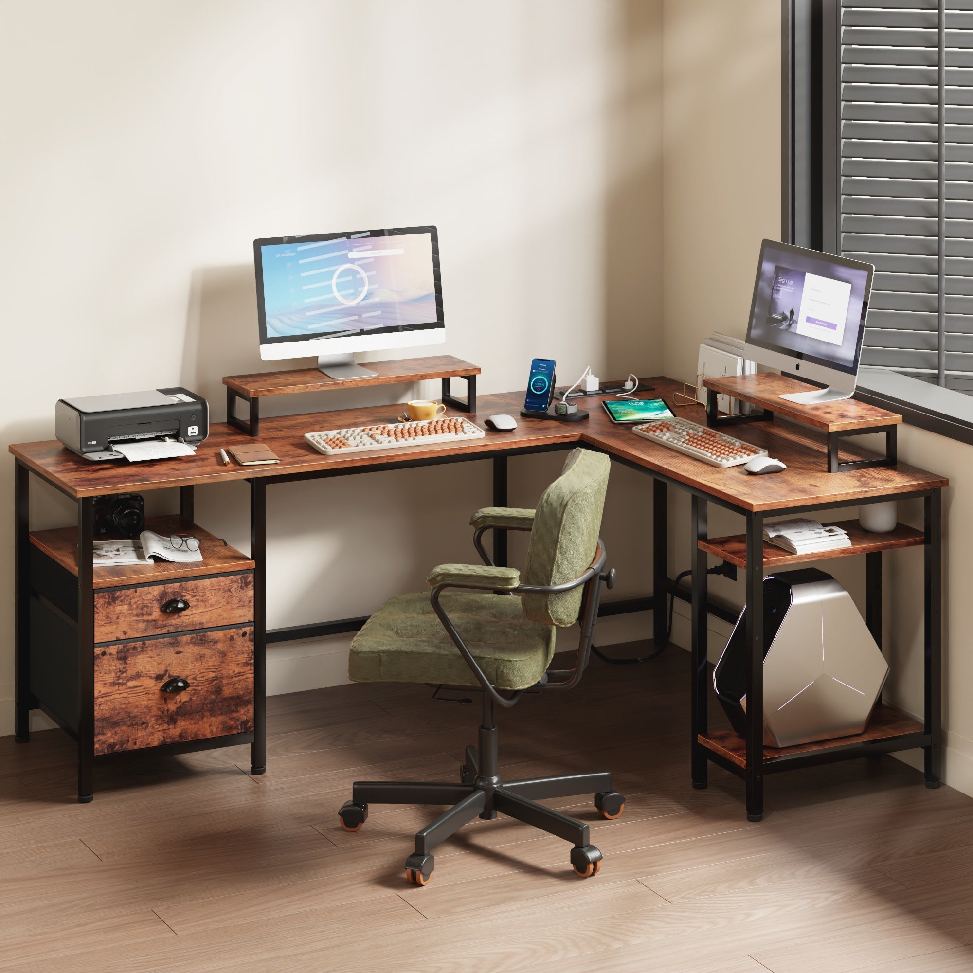 59" Computer Desk with 4 Drawers and Printer Space, Gaming Desk with LED Lights and USB Power Outlets, Office Desk with Fabric File Cabine,Work Table with Shelf fo Bedroom, Rustic Brown