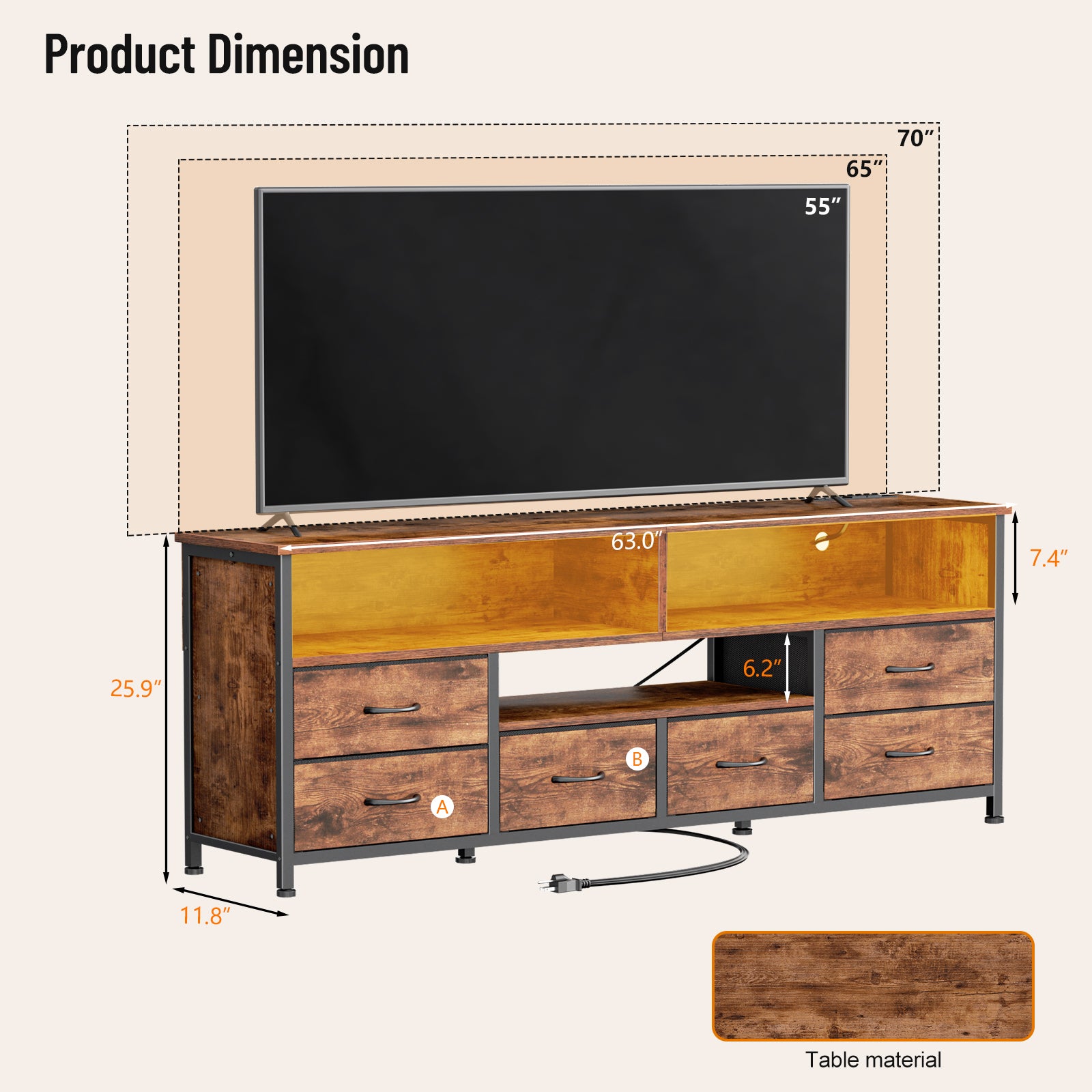 Qwatto 63 Inch Brown TV Stand Dresser with Charging Station LED Lights 6 Drawers Entertainment Center for TVs up to 70 Inch Media Console Living Room