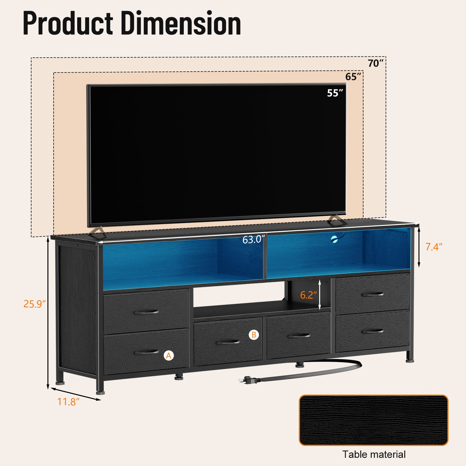 Qwatto 63 Inch Black TV Stand Dresser with Charging Station LED Lights 6 Drawers Entertainment Center for TVs up to 70 Inch Media Console Living Room