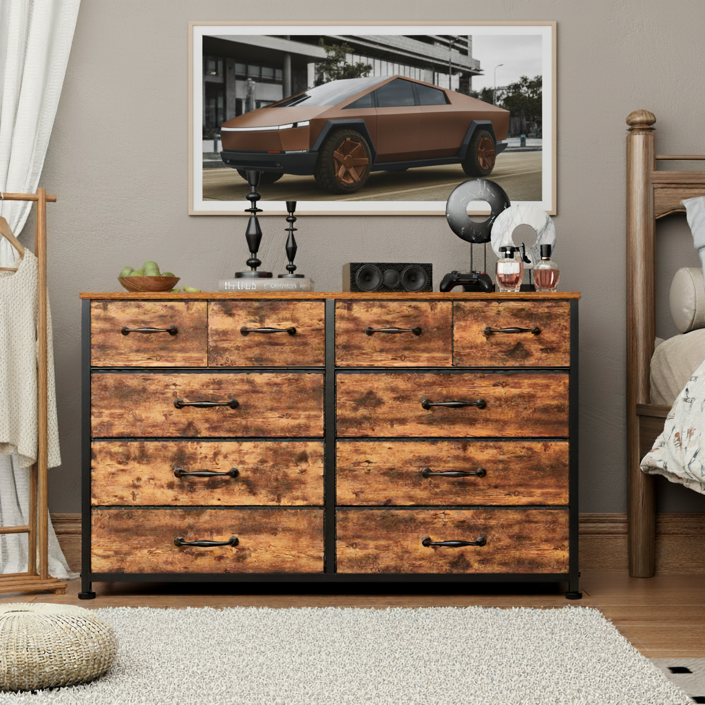 Dresser for Bedroom with 10 Fabric Dresser TV Stand for 40-45-50 inch Tv Dressers Chest of Drawers for Living Room Hallway Entryway Metal Frame Brown