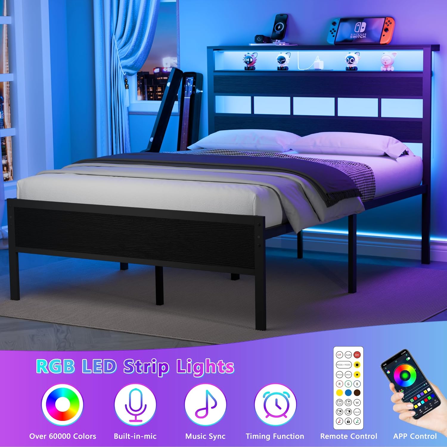 Furnulem Full Size Bed Frame with LED Light and Charging Station Wood Storage Headboard with 2-Tier Shelves Metal Platform Bed with Heavy Duty Slats