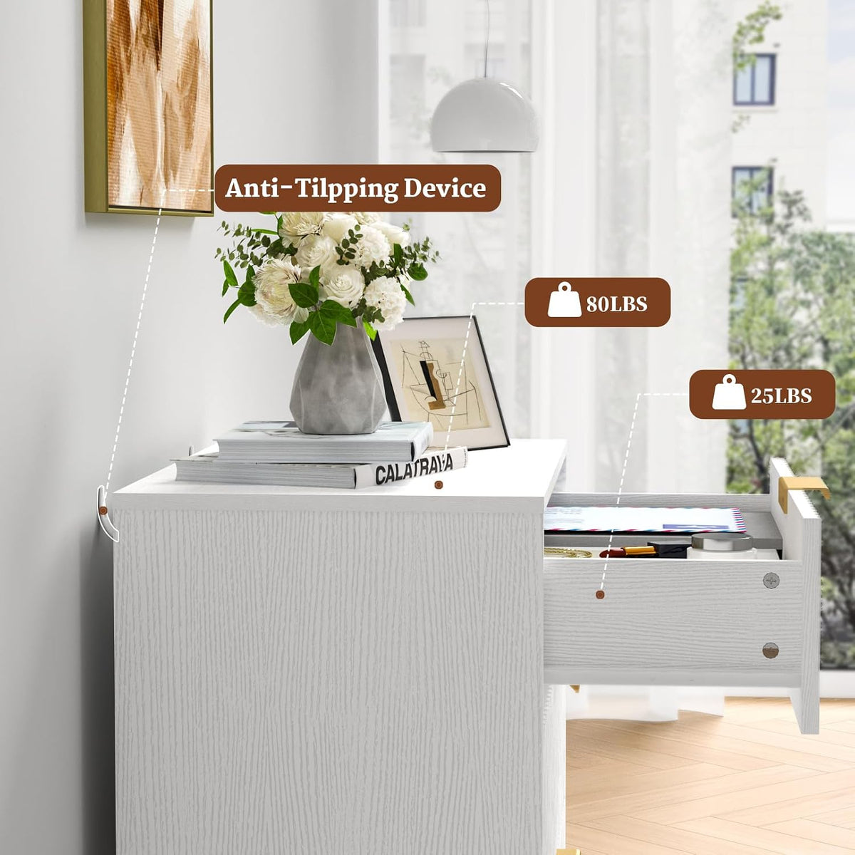 27-in Wide Fluted Night Stand 3 Drawers Large End Table with Storage White Nightstand Wood Bedside Tables Farmhouse Cabinet Dresser for Bedroom Closet