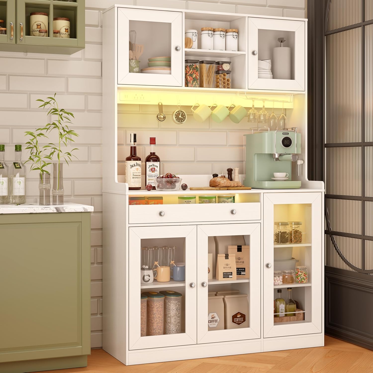 Qwatto 71"Kitchen Pantry Cabinet with Charging Station and LED Lights Tall Freestanding Kitchen Hutch with storage Rack Microwave Stand White Cabinet