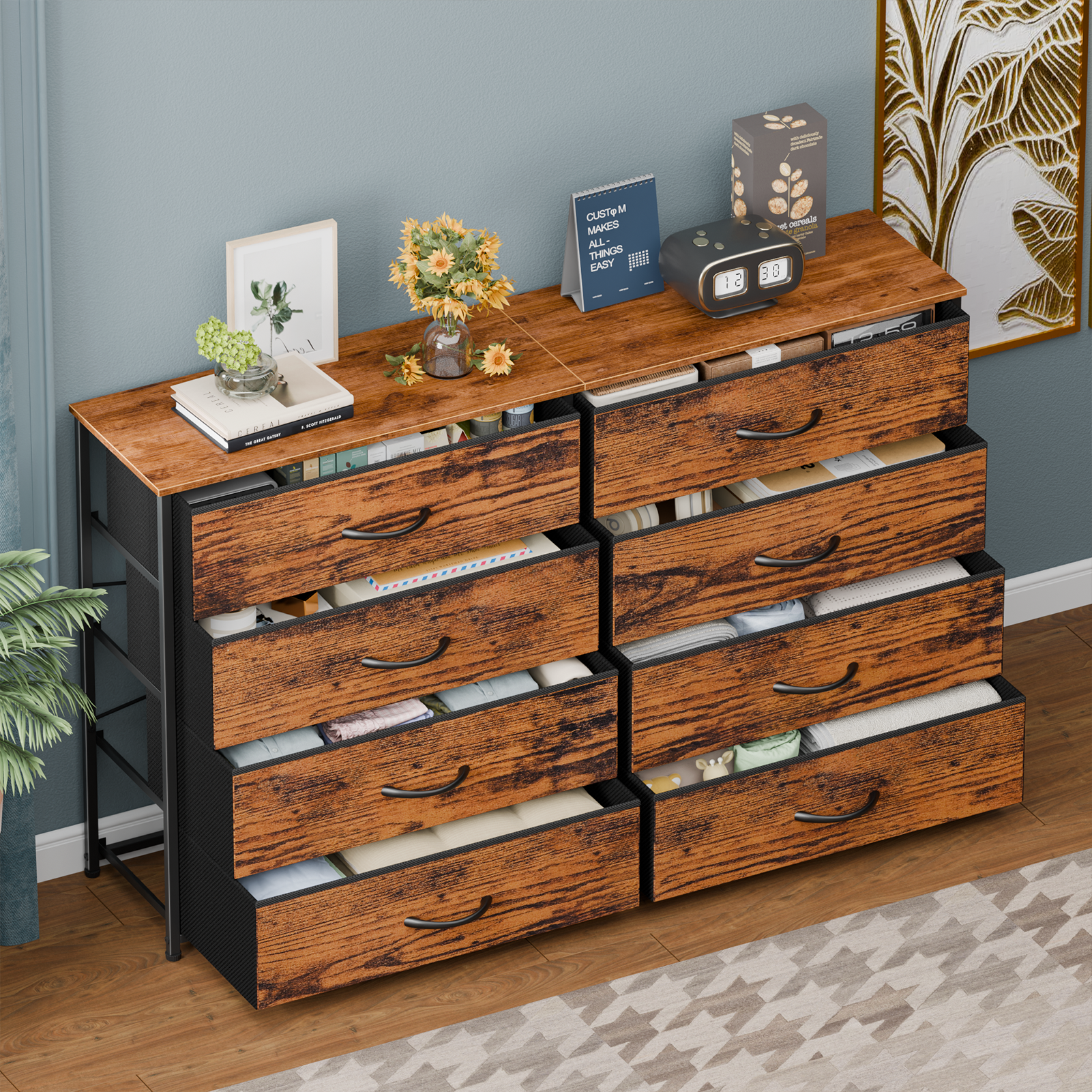 8 Drawer Dresser Wide Storage Chest of Drawers for Bedroom Closet Organizer Fabric Bins 55 Inch TV Stand Wood Top Furniture Unit Hallway Nursery