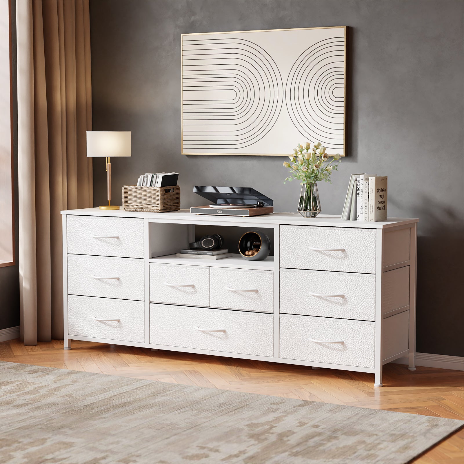 55" W White Dresser for Bedroom with 9 Drawers LED TV Stand with Power Outlets for 45 -55 -65 Inch TV Sturdy Long Chest of Drawers with Wooden Shelves