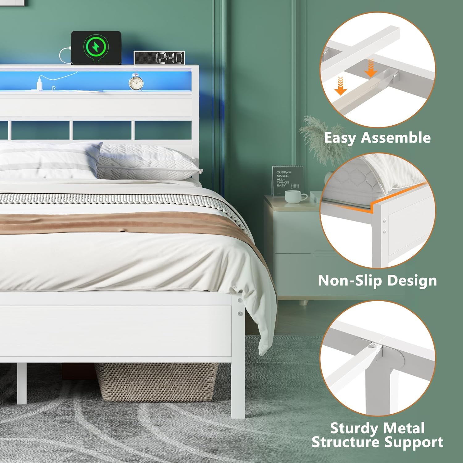 Queen Bed Frame with Storage Headboard and LED Lights Metal Bedframe with Charging Station and USB Port Platform Bed with Heavy Duty Slats White