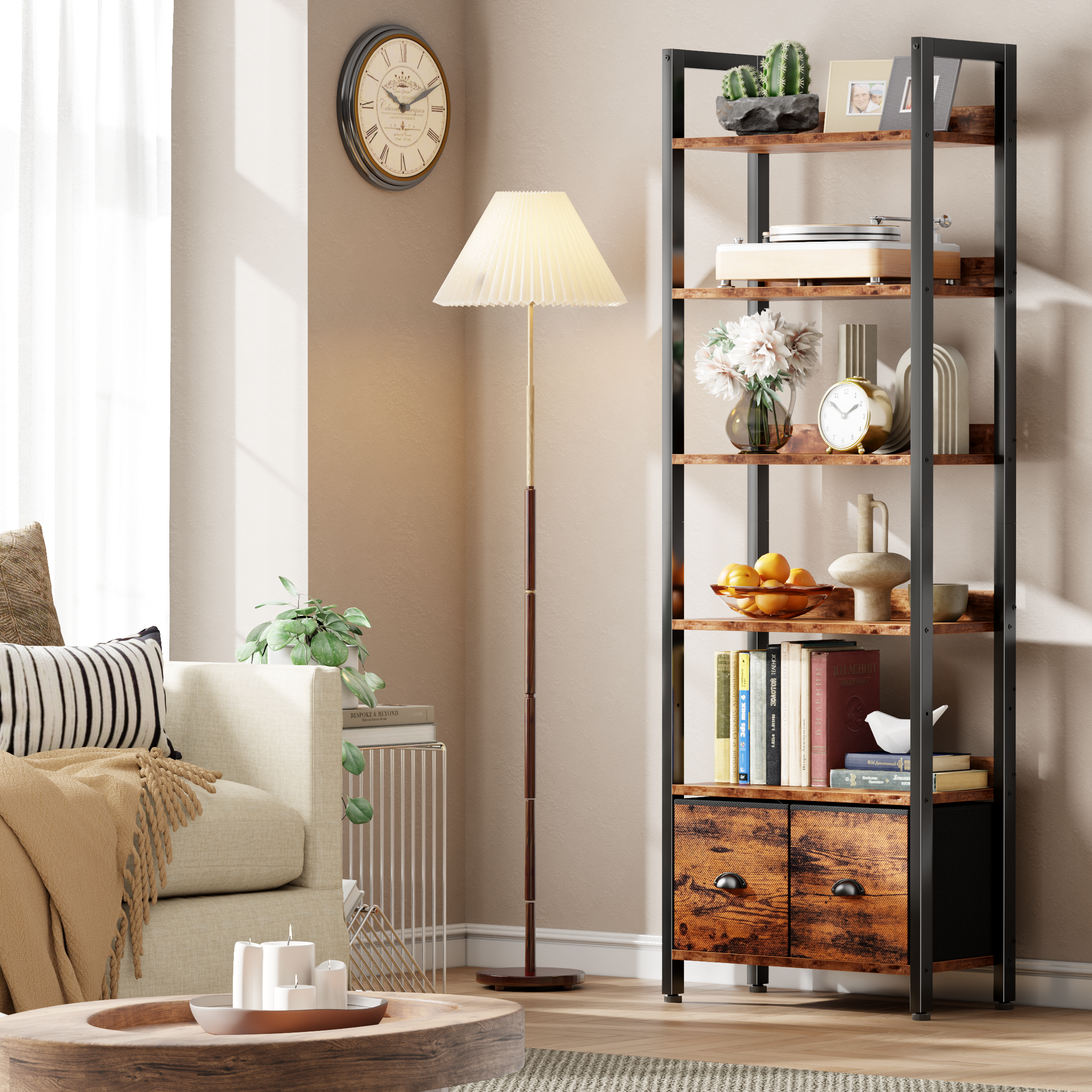 6 Tier 71 Inch Tall Rustic Bookcase with Two Drawers Storage Organizer Industrial Wood Metal Freestanding Bookshelf Home Office Bedroom Rustic Brown