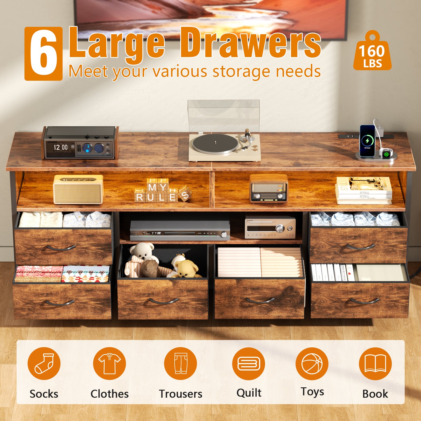 55 Inch Rustic Brown TV Stand Dresser with Charging Station LED Lights 6 Fabric Drawers Entertainment Center for TVs up to 60 Inch Media Console