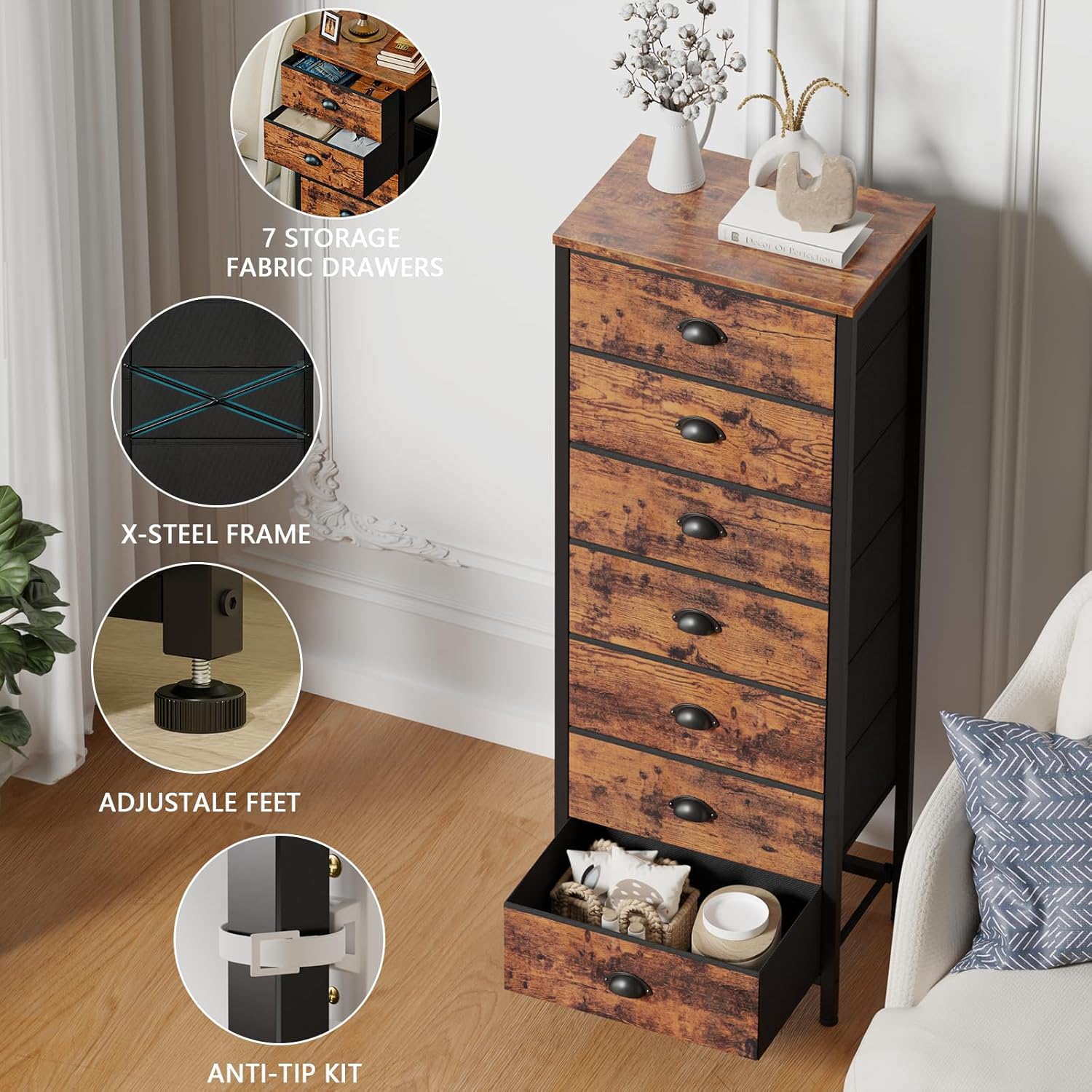 Furnulem 7-Drawer Tall Dresser – Industrial Fabric Storage Tower with Steel Frame for Bedroom, Closet, or Entryway