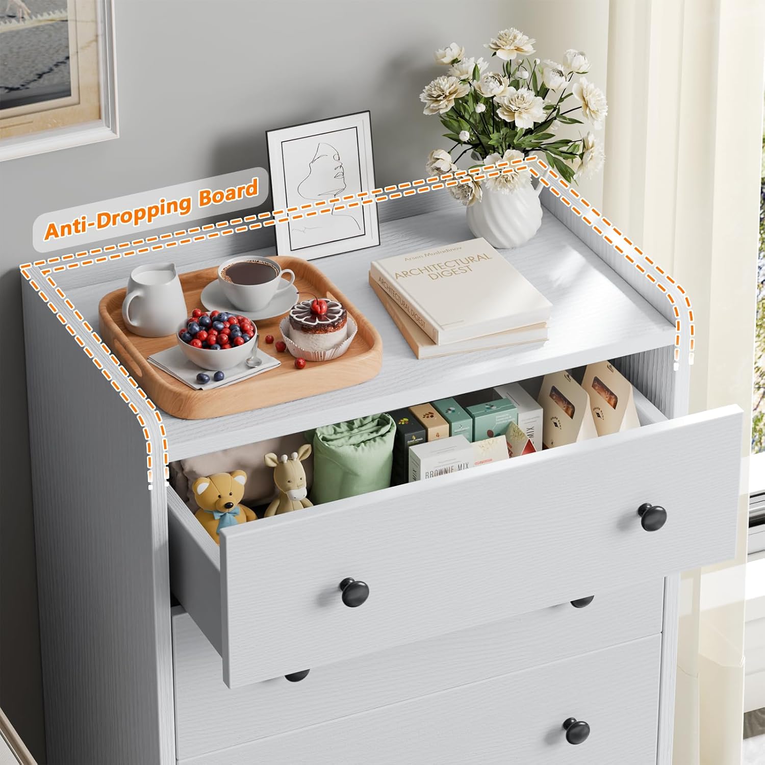 Furnulem White 4-Drawer Dresser – Wood Storage Chest for Bedroom, Living Room, or Hallway
