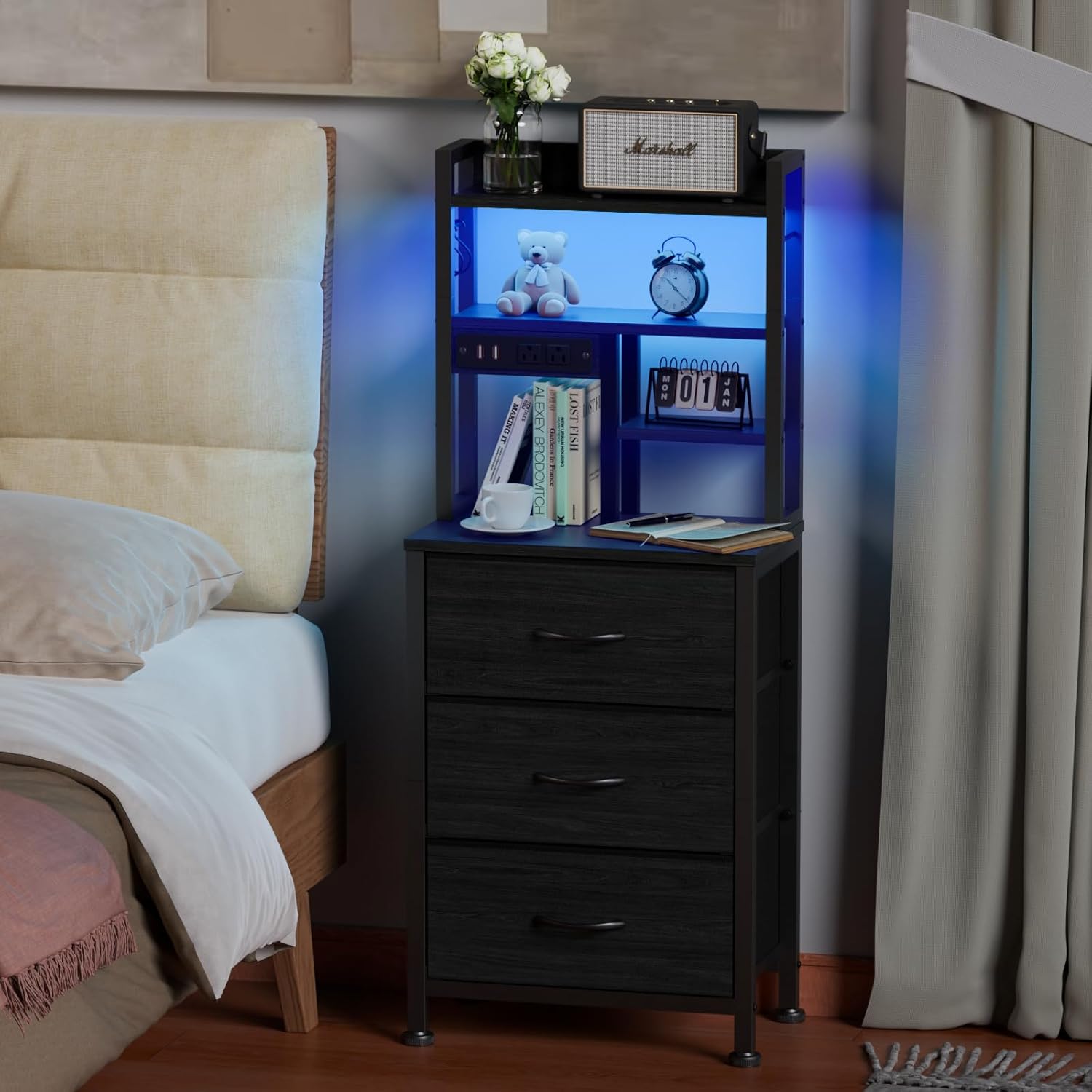 Qwatto 45.3in Tall Bedside Table with USB Charging Station and Light 3 Fabric Drawer Nightstand Bookshelf for Small Space Bedroom Dorm Black Oak Finish