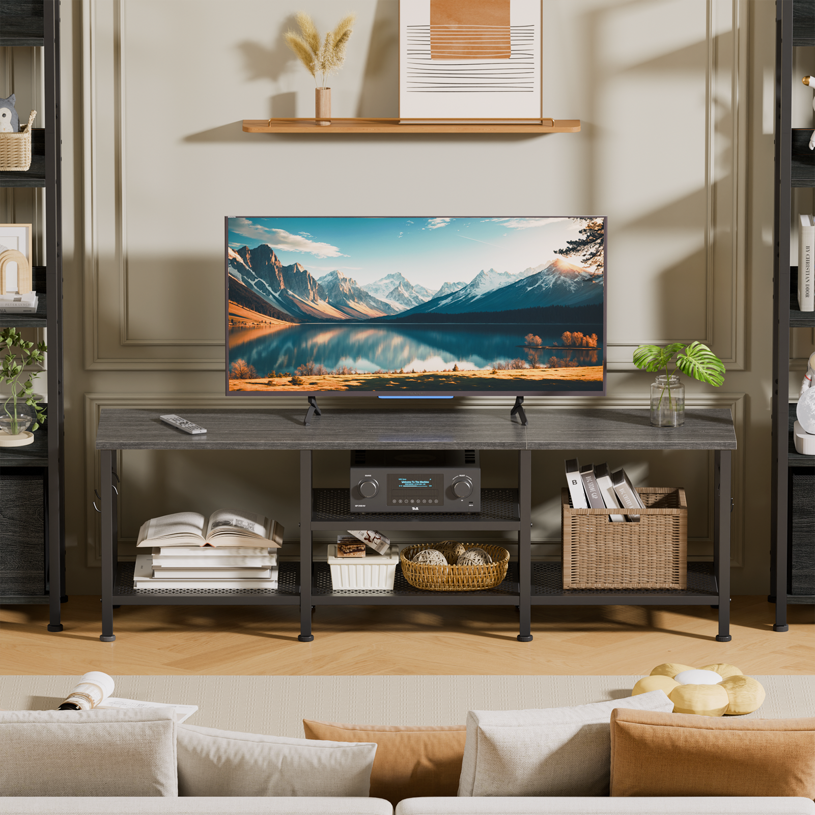 55 Inch Black Oak TV Stand for TVs up to 65 Inch Media Console Entertainment Center Open Storage Shelves Soundbar Shelf Modern Living Room Unit