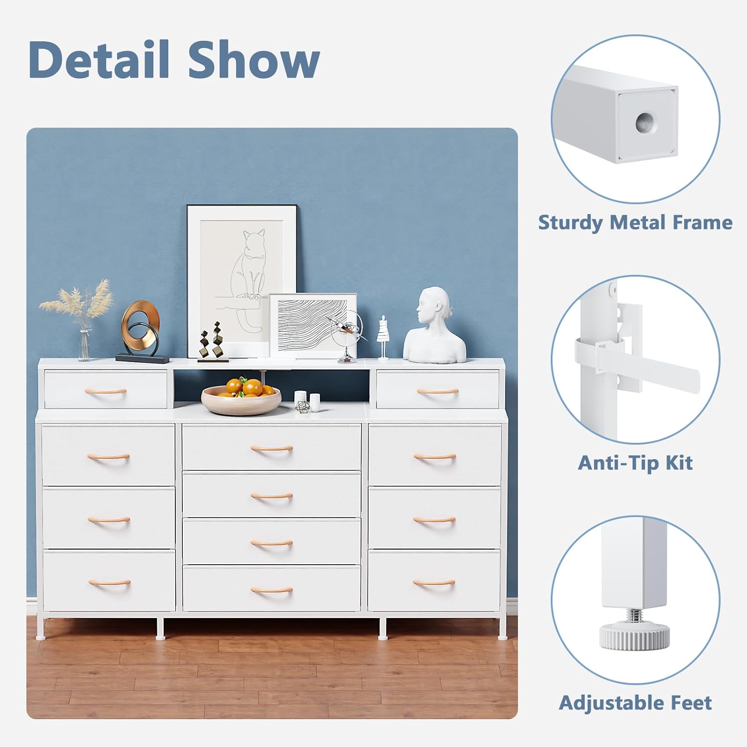 Furnulem 63" Dresser with LED & Outlets – 12 Drawers & 2 Shelves