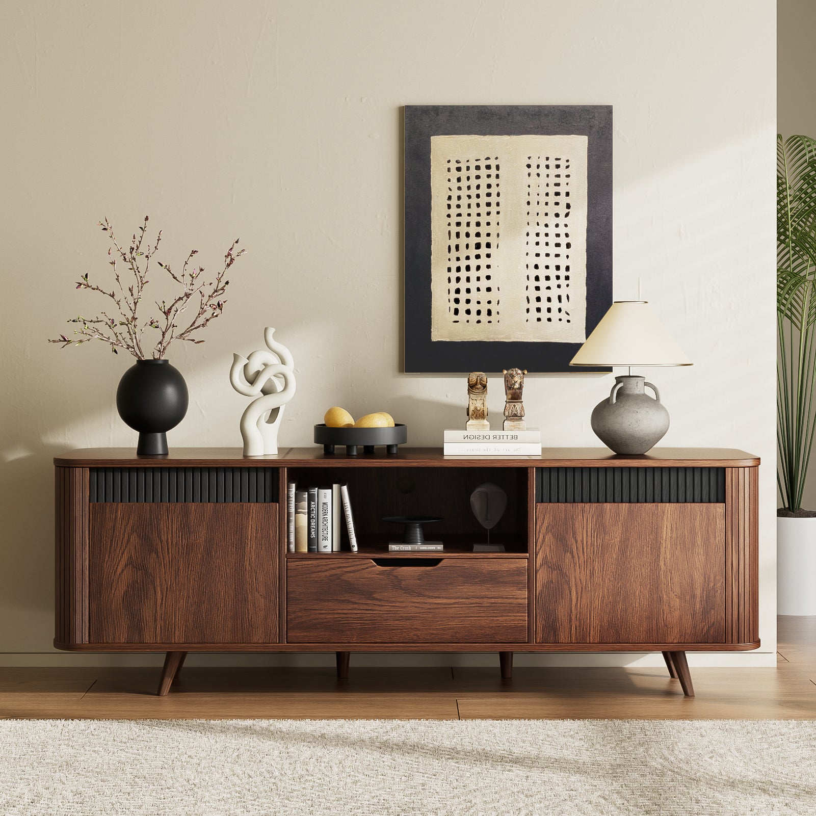 55-in TV Stand with Storage for TVs up to 65-in With Drawer slides Tambour Media Console With Charging Station Shelves Cable Management Wood Legs walnut