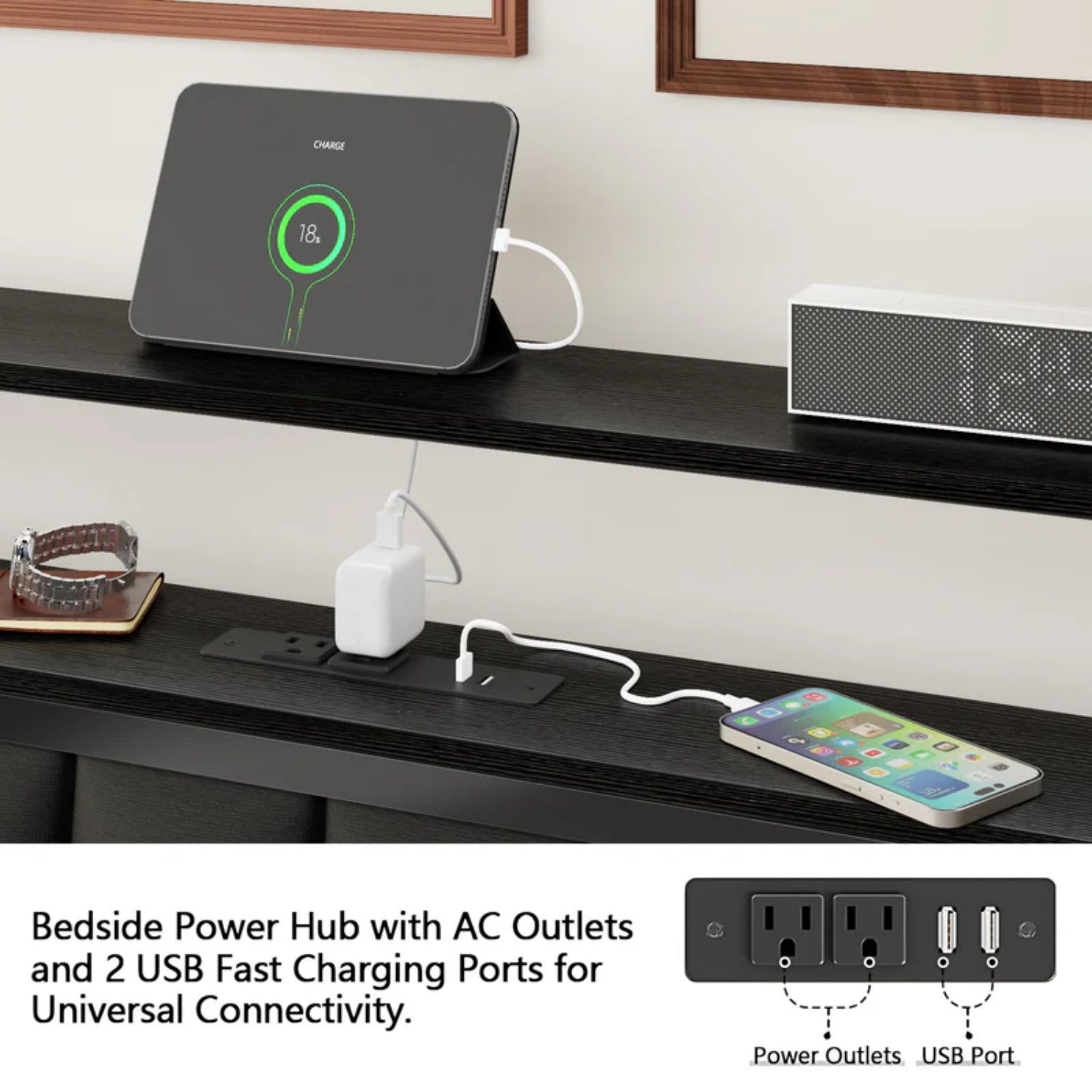 Furnulem Bed Frame with Charging Station, LED Lights & Storage Shelves – Metal Slats, No Box Spring