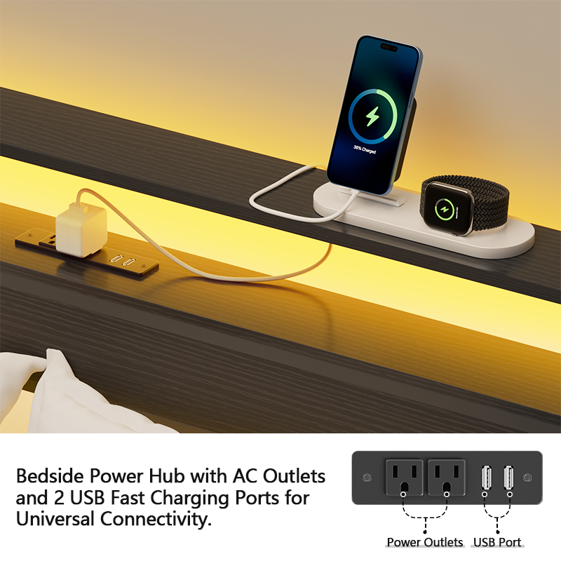 Furnulem Queen Bed Frame with Storage Headboard, LED Lights & Charging Station