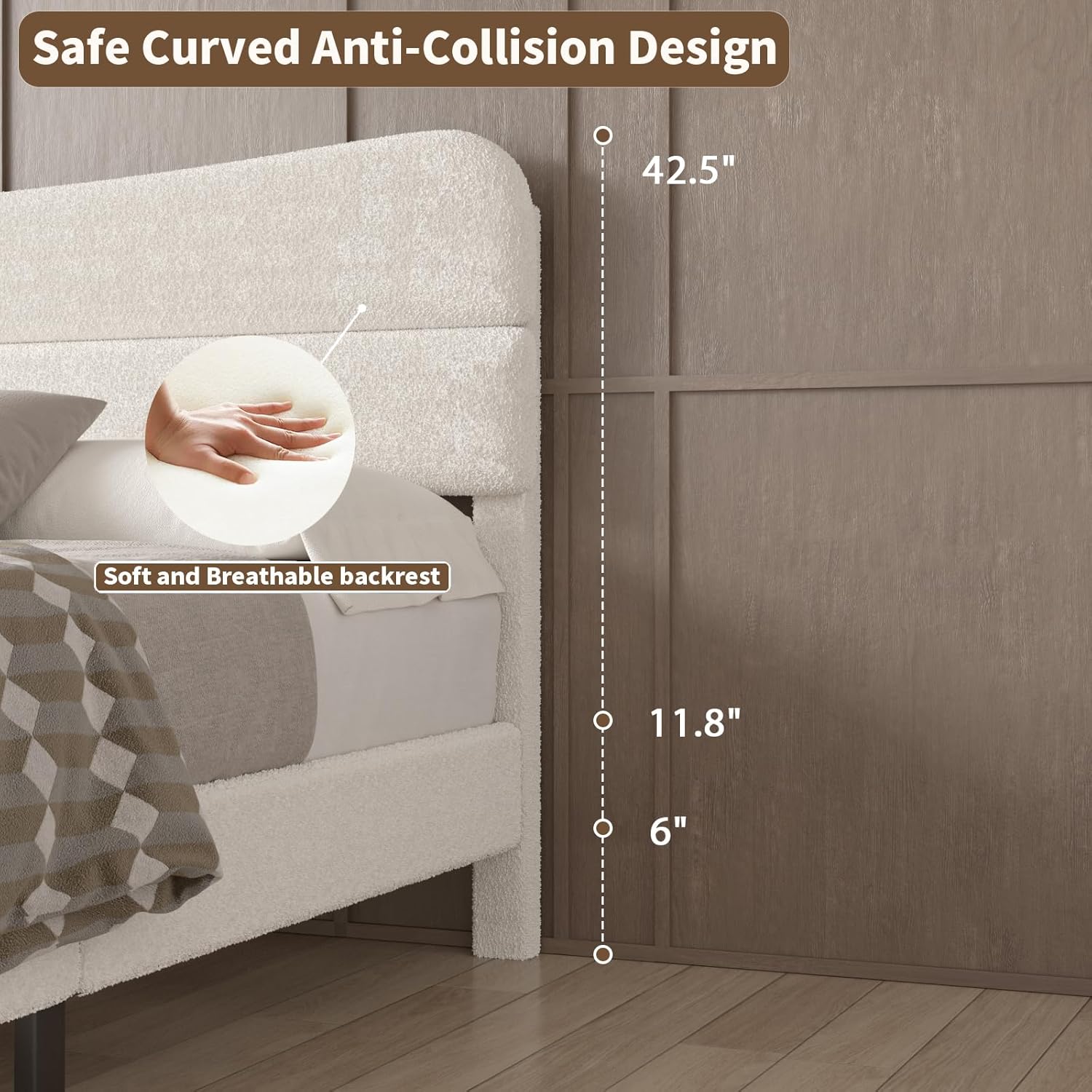 King Size Bed Frame Upholstered King Bed Frame and Headboard, Teddy Soft Boucle Fabric bedframe Soft Cloud Marshmallow Shape Upholstered Headboard