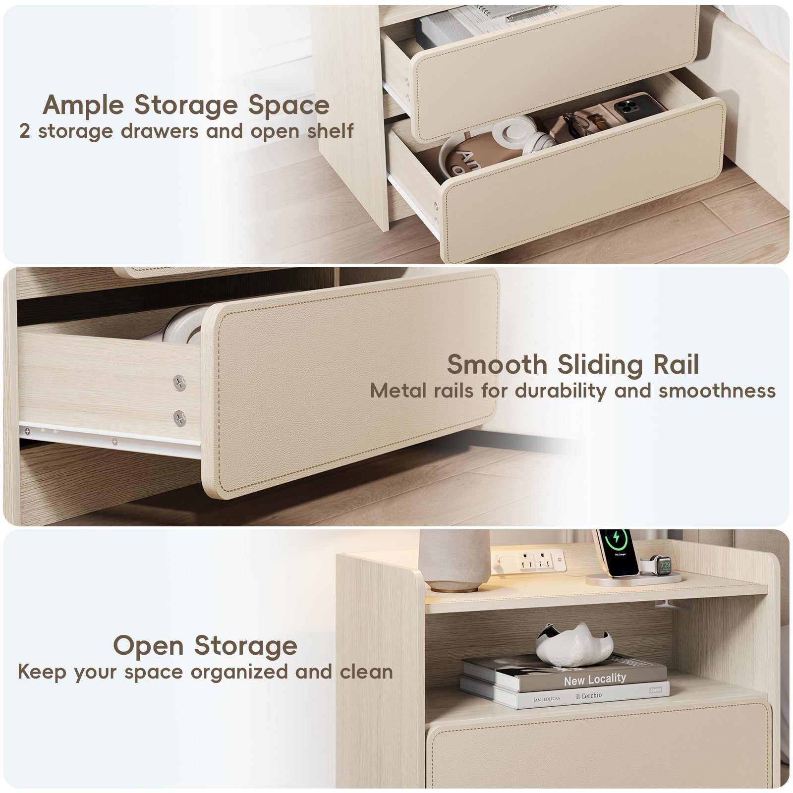 Qwatto Nightstand with Charging Station 2 Drawer Saddle Leather Bedside Table Modern Wood Side End Table Storage Cabinet Bedroom Furniture Beechwood