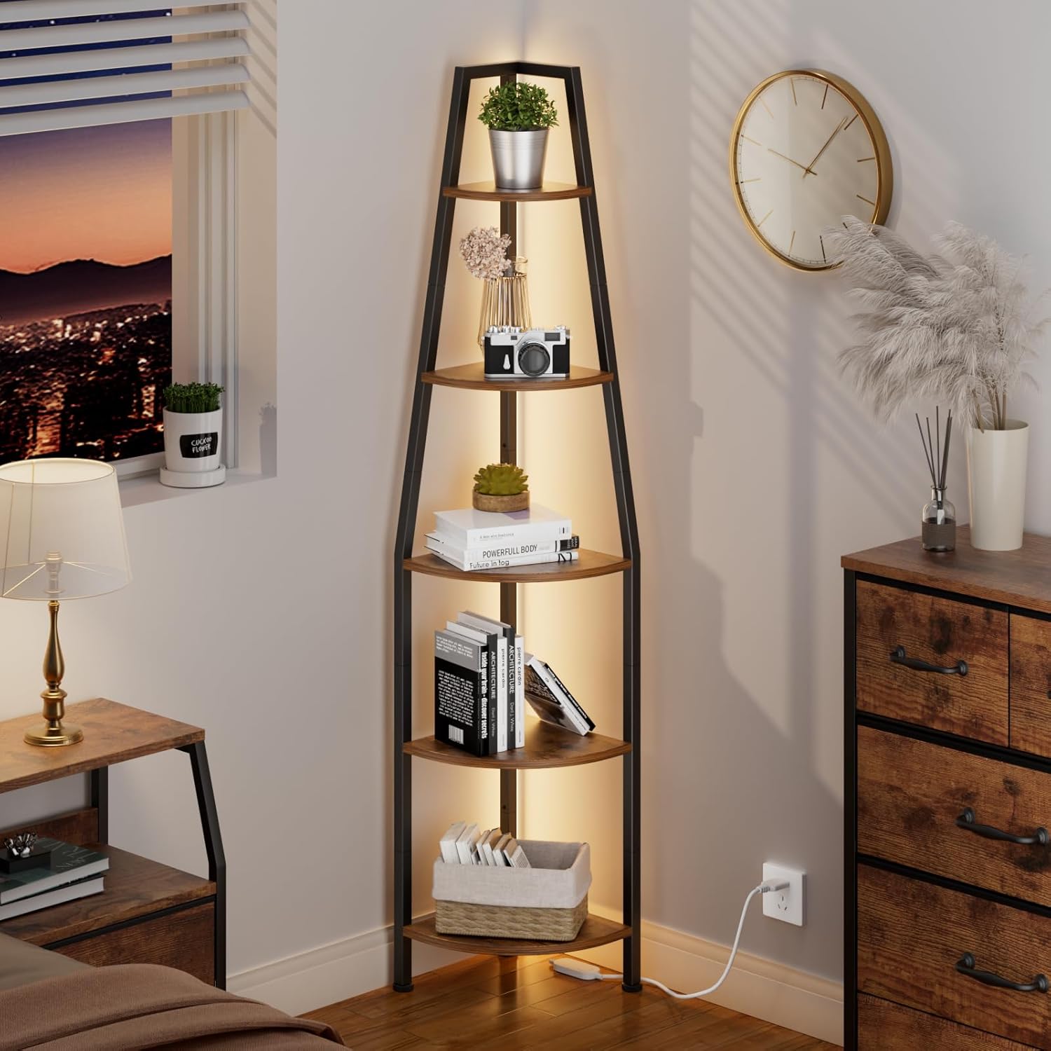 Furnulem 67” LED Corner Shelf, 5-Tier Narrow Bookshelf & Storage Rack for Bedroom, Living Room, Plants
