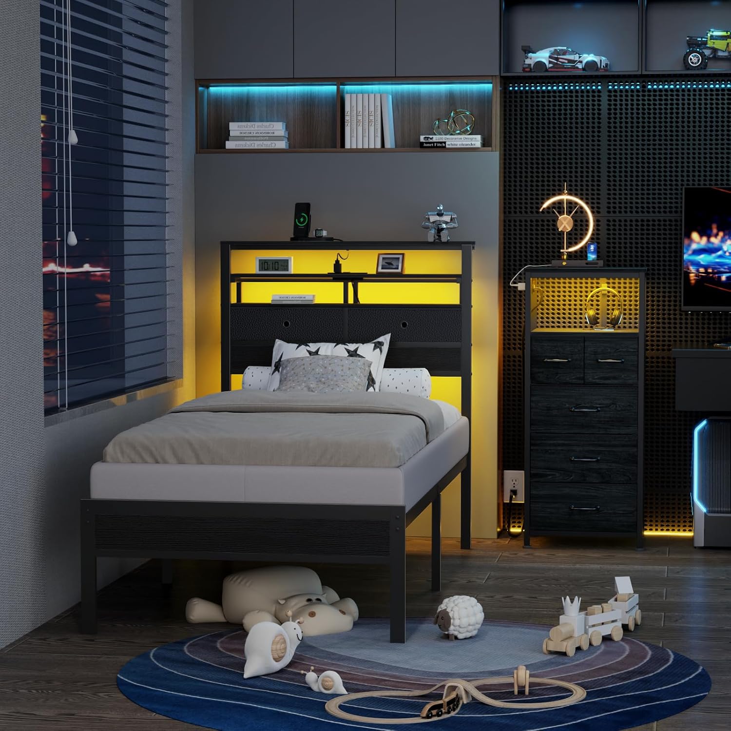 Furnulem Twin Bed Frames with Charging Station and LED Lights Wood Headboard with 2 Fabric Drawers and Storage Shelves Platform Bed with Metal Slats