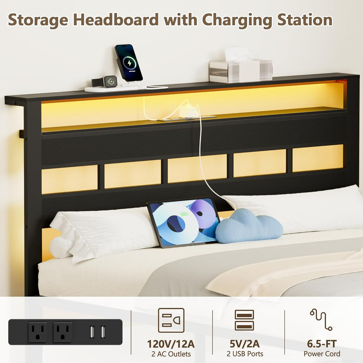 Bed Frame with Storage Headboard Charging Station LED Lights Metal Platform