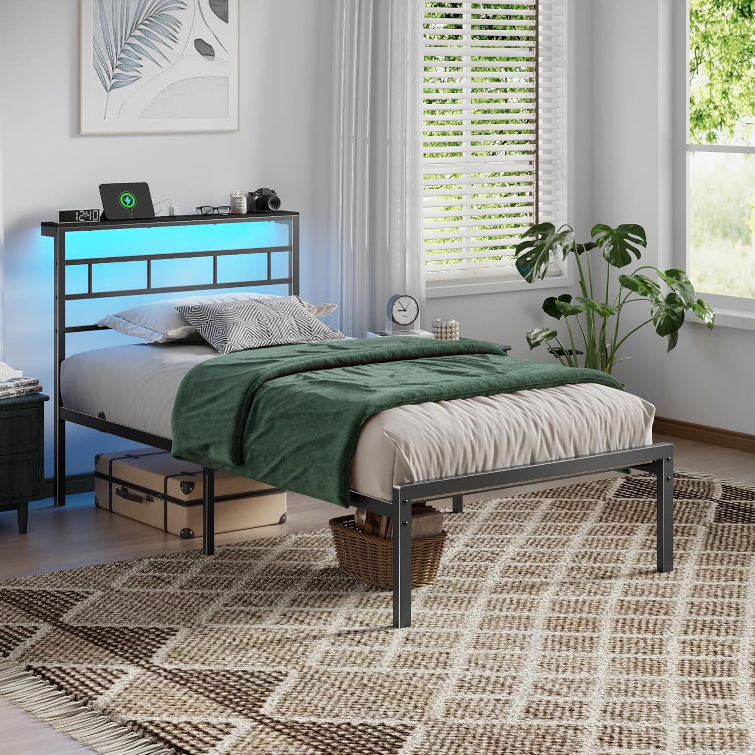 Twin Bed Frames with Built-in Charging Station and LED Light, Metal Platform Bed with Headboard and Storage Shelf Noise-Free