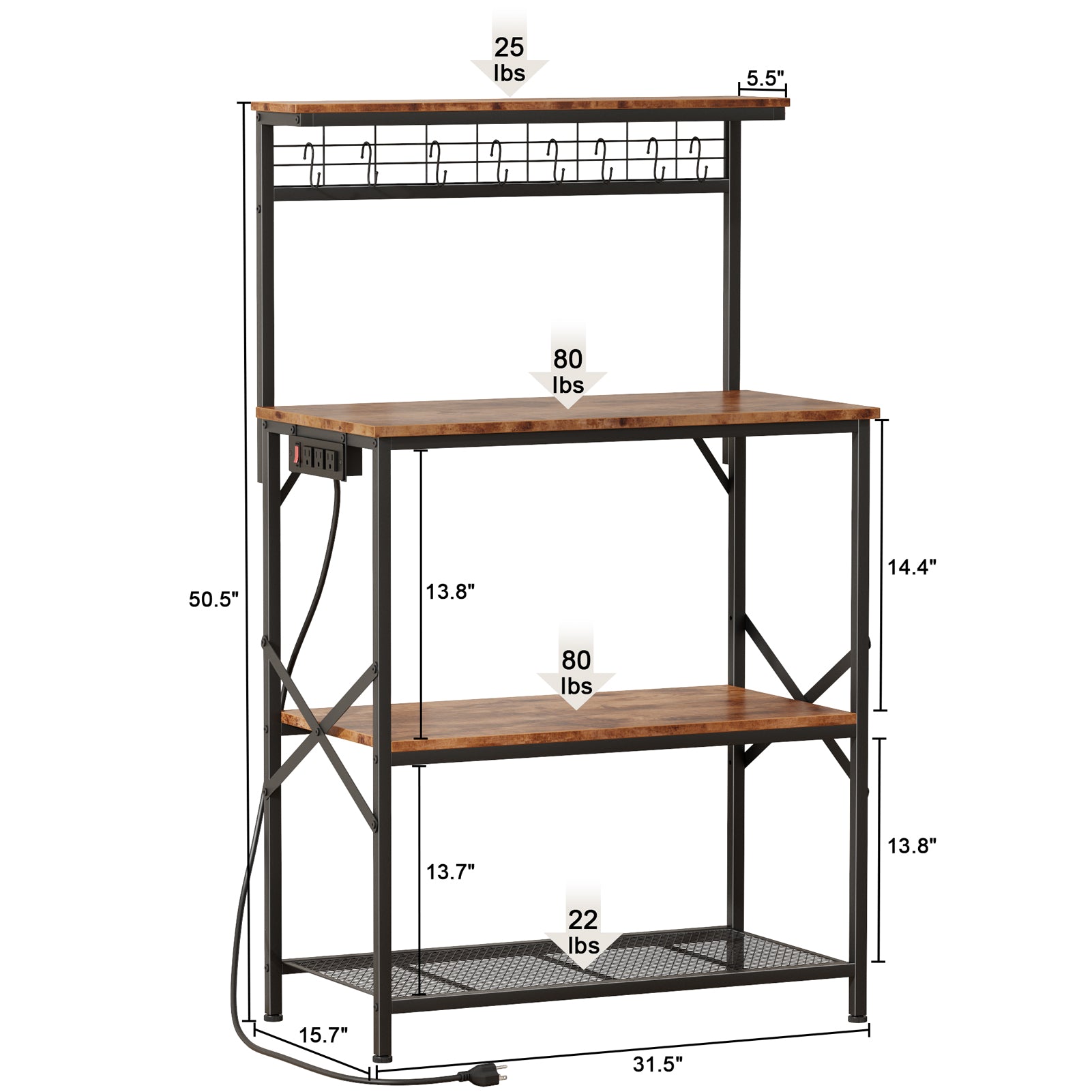 Qwatto Kitchen Bakers Rack with Power Outlets 31.5 -inch Coffee Bar Station 4 Tier Microwave Stand Storage Shelf with S Hooks Rustic Brown Utility Table