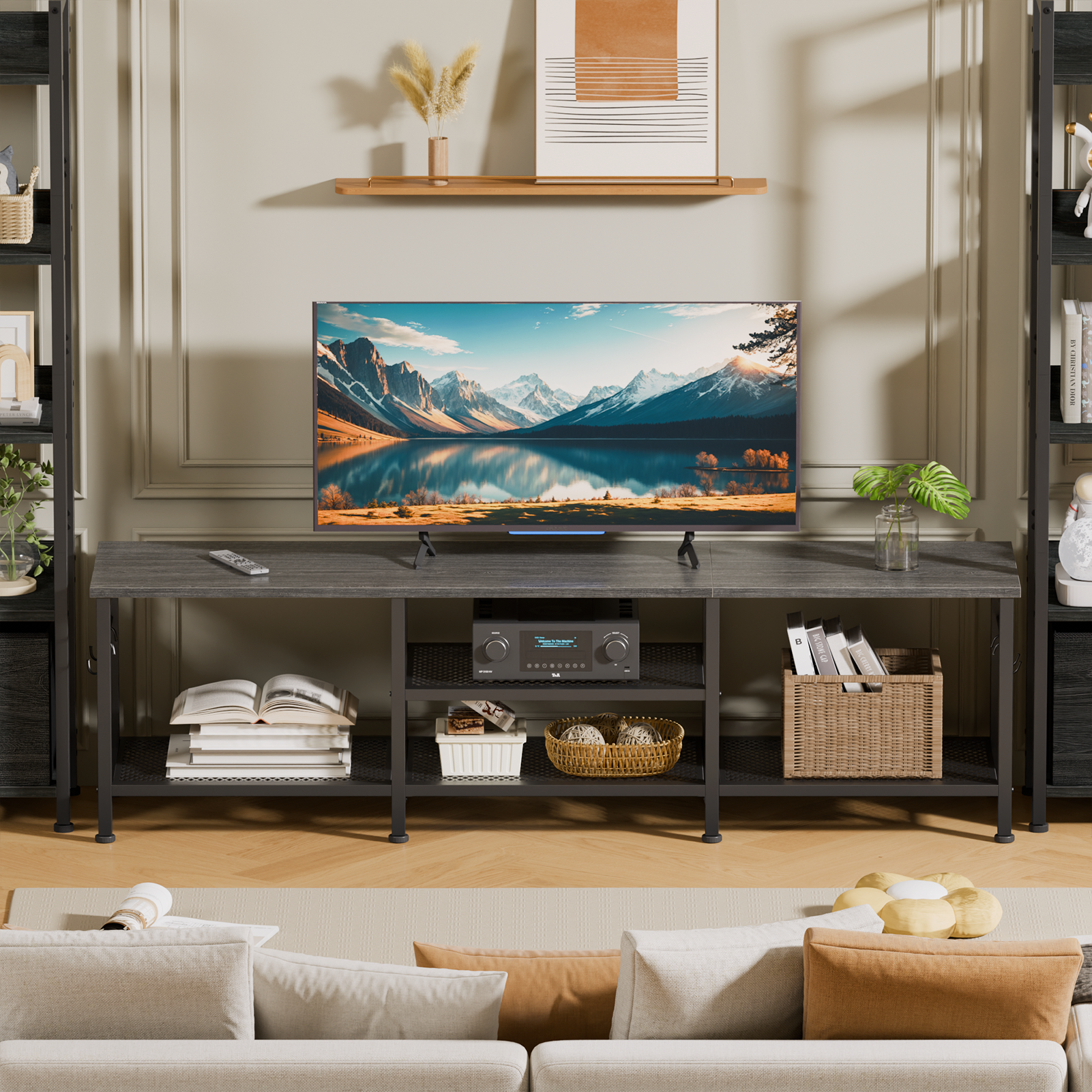 Qwatto 63 Inch Black Oak TV Stand for TVs up to 70 Inch Media Console Entertainment Center with Soundbar Shelf Open Storage Shelves Living Room Decor