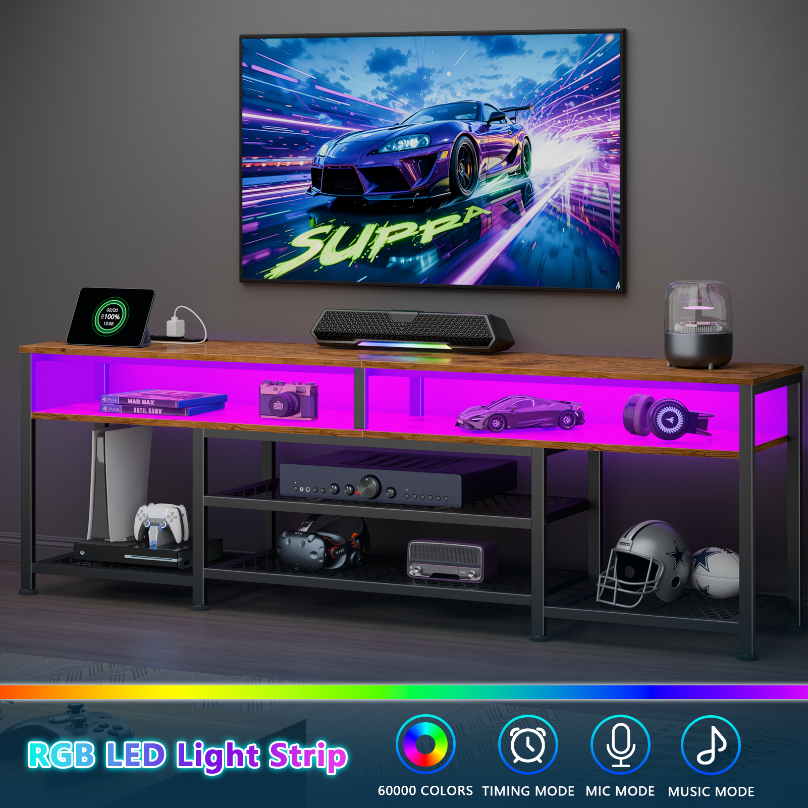 71 Inch Brown TV Stand with Charging Station LED Lights Entertainment Center for TVs up to 80 Inch Media Console Storage Modern Living Room Bedroom