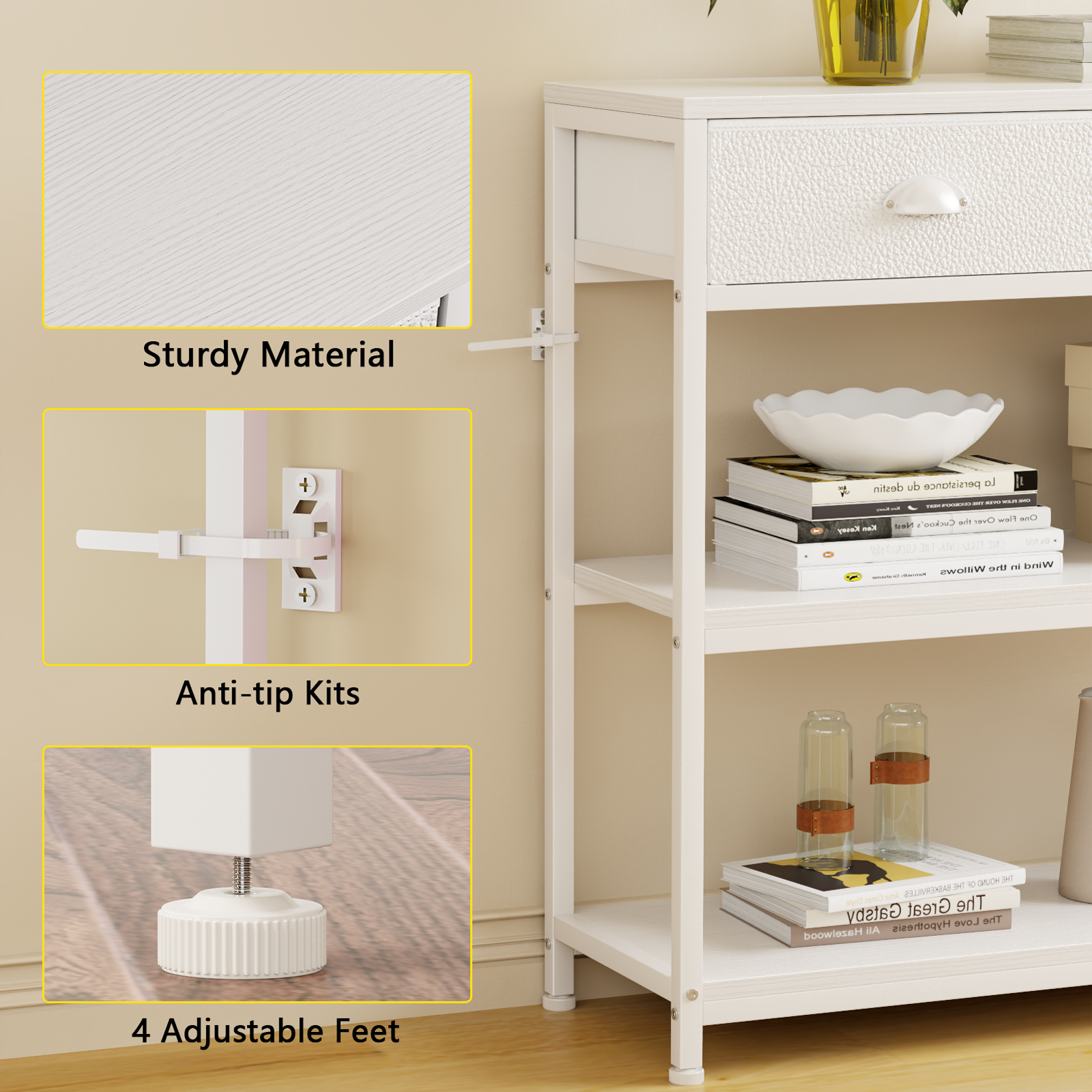 Qwatto Long 47 Inch White Entryway Table 3 Storage Drawers Three Tier Industrial Display Shelves Console Sofa Accent Table For Hallway Kitchen Foyer