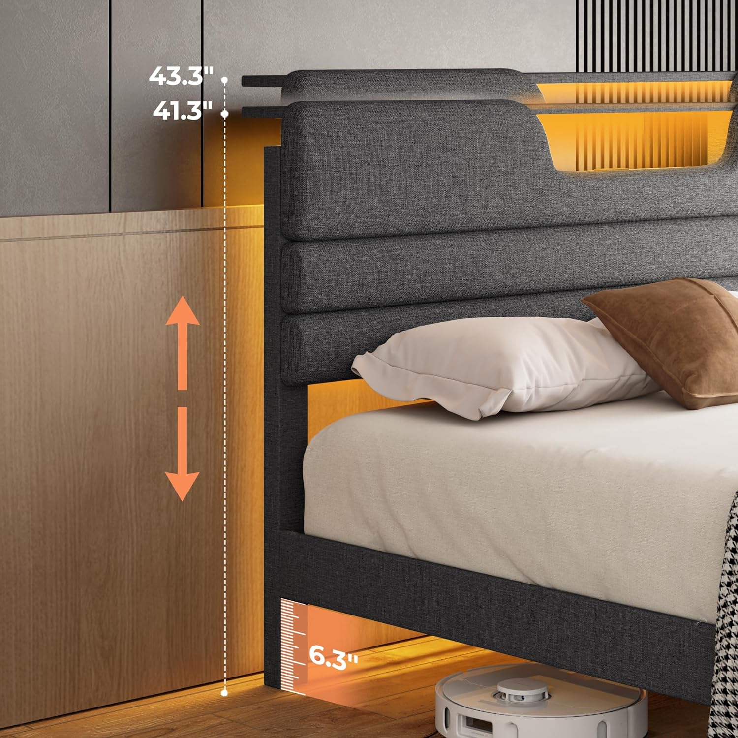 Furnulem Queen/King Size Bed Frames with Upholstered Headboard, Modern Platform Bed with Charging Station and Led Lights, Bed Frame with Sturdy Wooden Slats