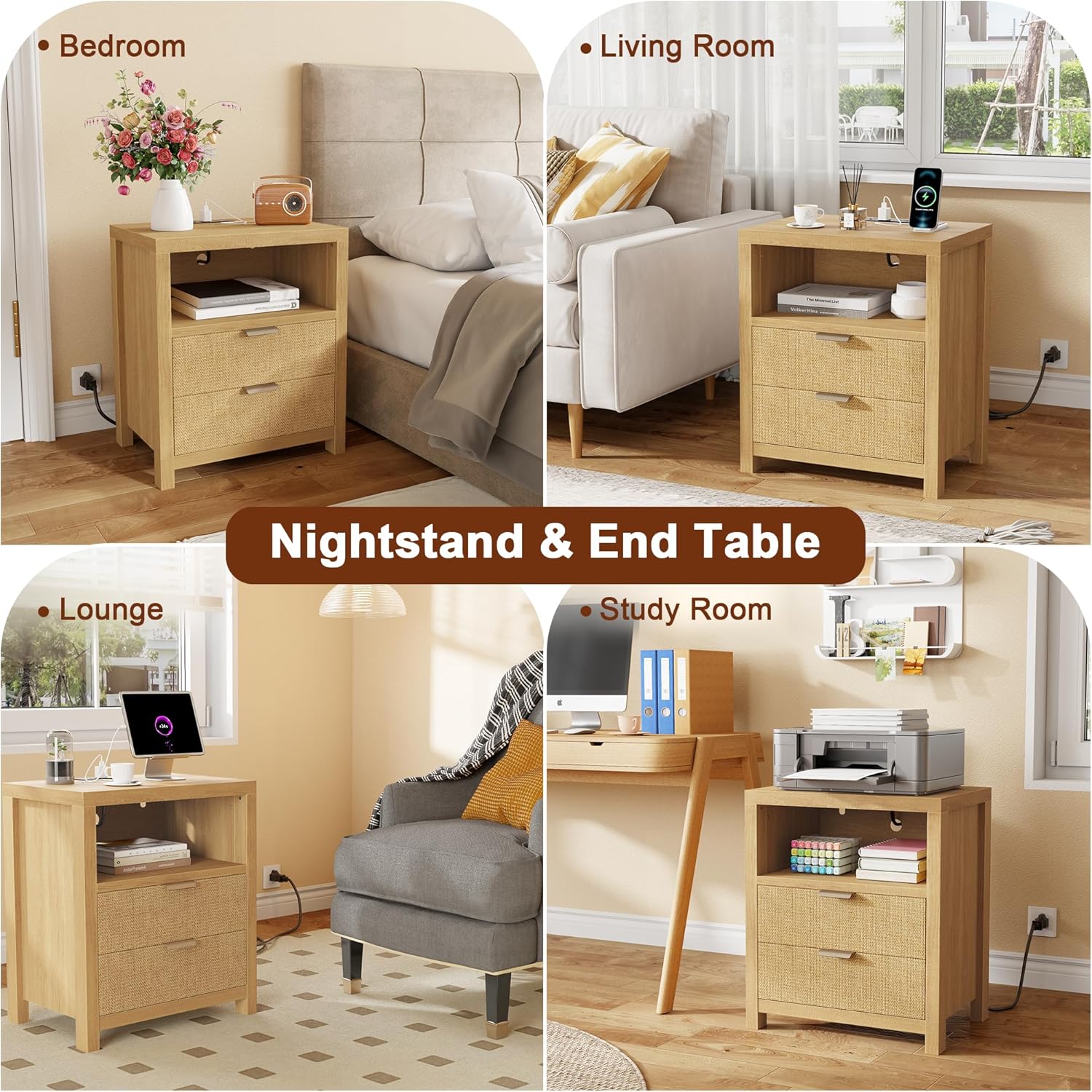 Furnulem Rattan Nightstand with Charging Station – 2-Drawer Boho Bedside Table
