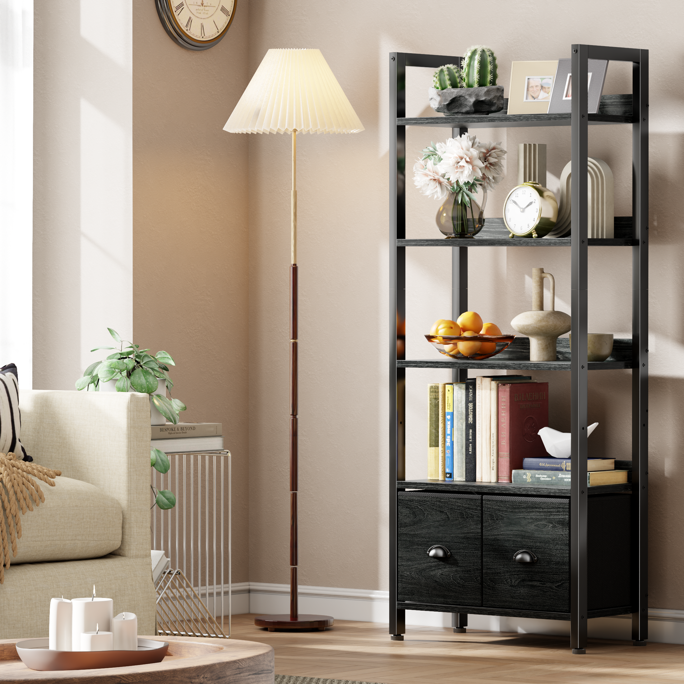 5 Tier Industrial Tall Bookcase with Two Storage Drawers Wood Metal Display Bookshelf Standing Organizer Shelf for Home Office Living Room Black Oak