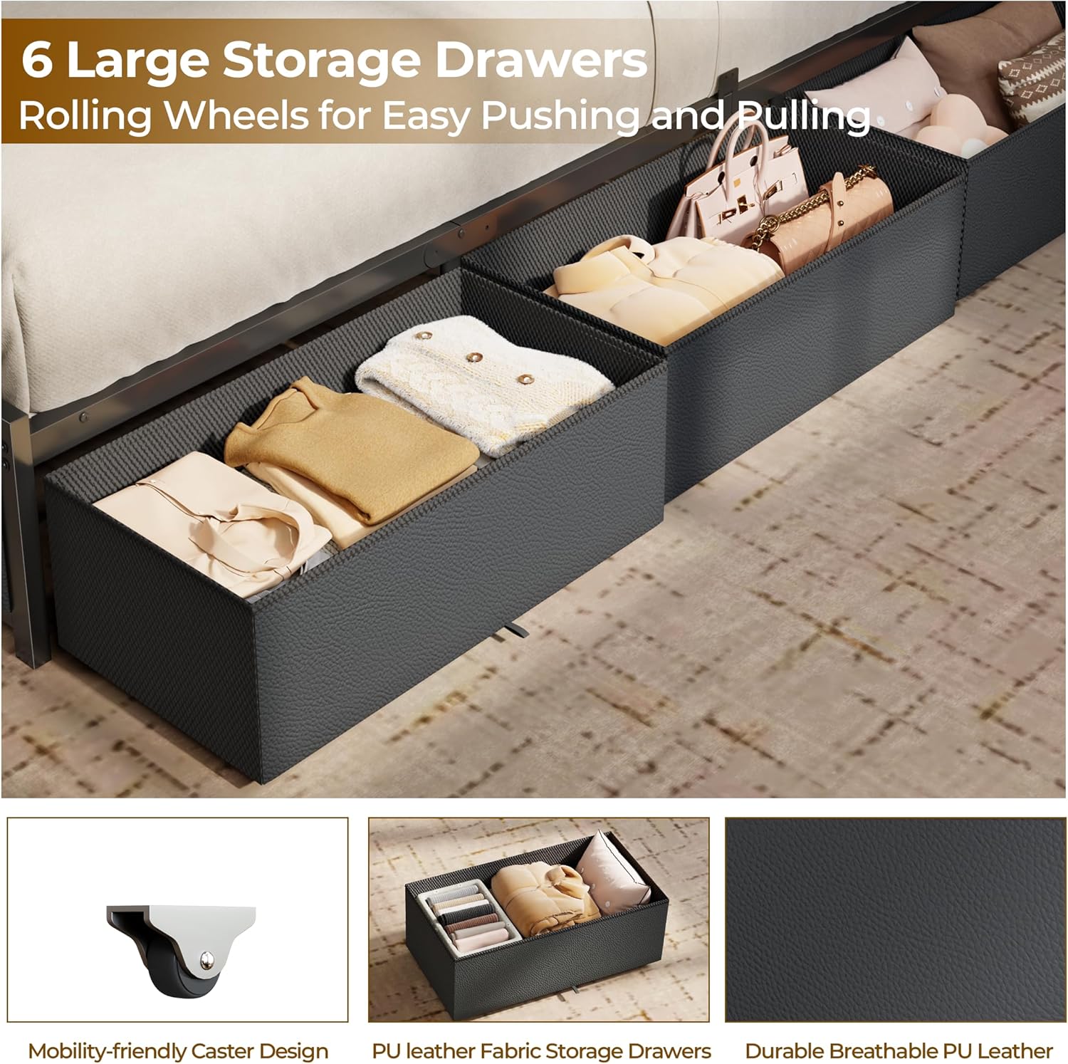 Queen Size Bed Frame with Storage Headboard and 6 Drawers Metal Platform Bed Frame with Charging Station and LED Lights PU Leather Upholstered