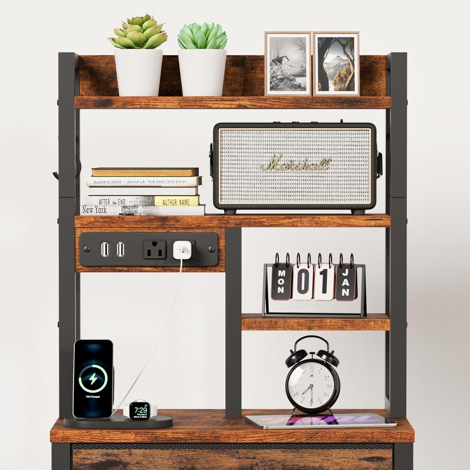 Qwatto 45.3in Tall Bedside Table with USB Charging Station and Light 3 Fabric Drawer Nightstand Bookshelf for Small Space Bedroom Dorm Brown Finish