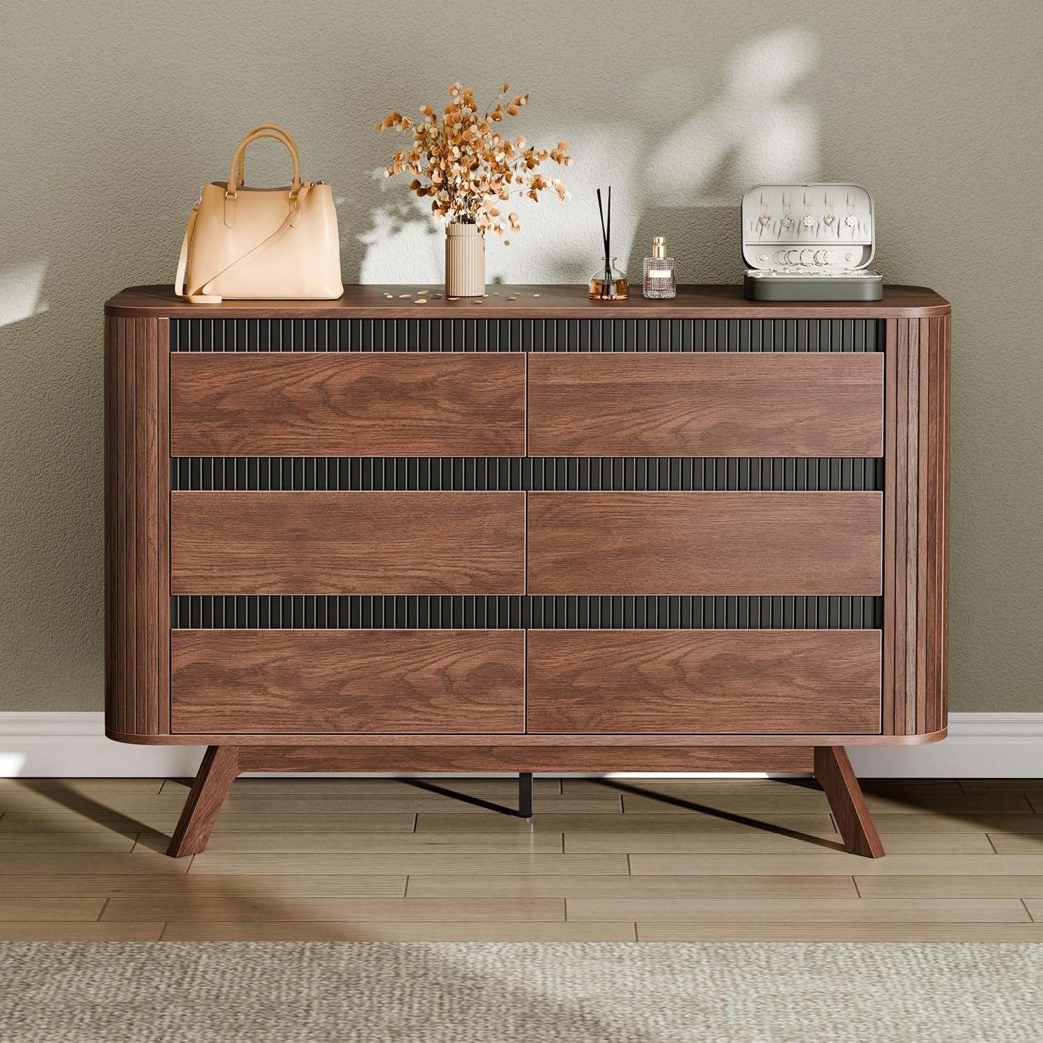 Qwatto 47.2" Mid Century 6 Drawer Dresser Walnut Fluted Chest of Drawers Modern Curved Profile Storage Organizer Bedroom Hallway Wide Clothes Dresser