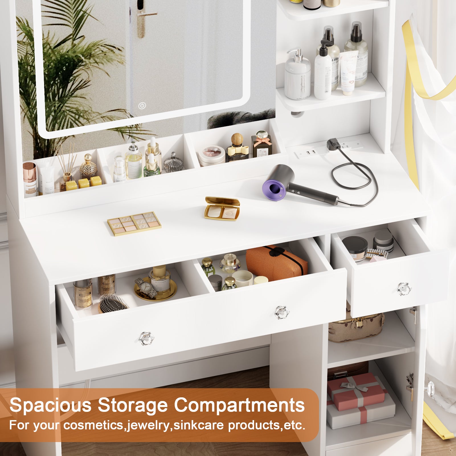 White Makeup Vanity Desk with Mirror and Lights Vanity Set with Stool 3 Color Lighted Mirror Dressing Table with Power Outlet and Drawers Cabinet