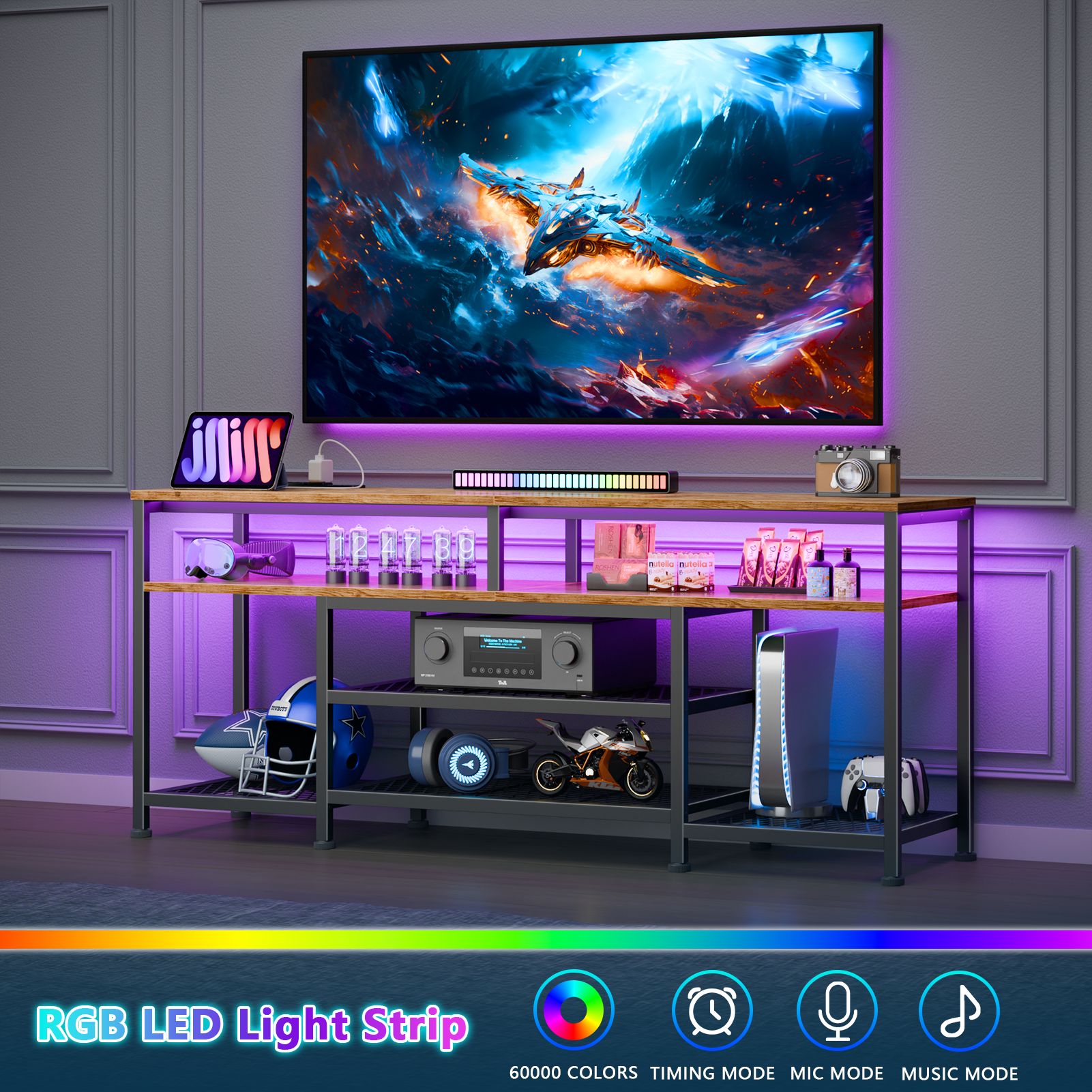 55 Inch Brown TV Stand with Charging Station LED Lights Entertainment Center for TVs up to 60 Inch Media Console Storage Shelves Living Room Bedroom