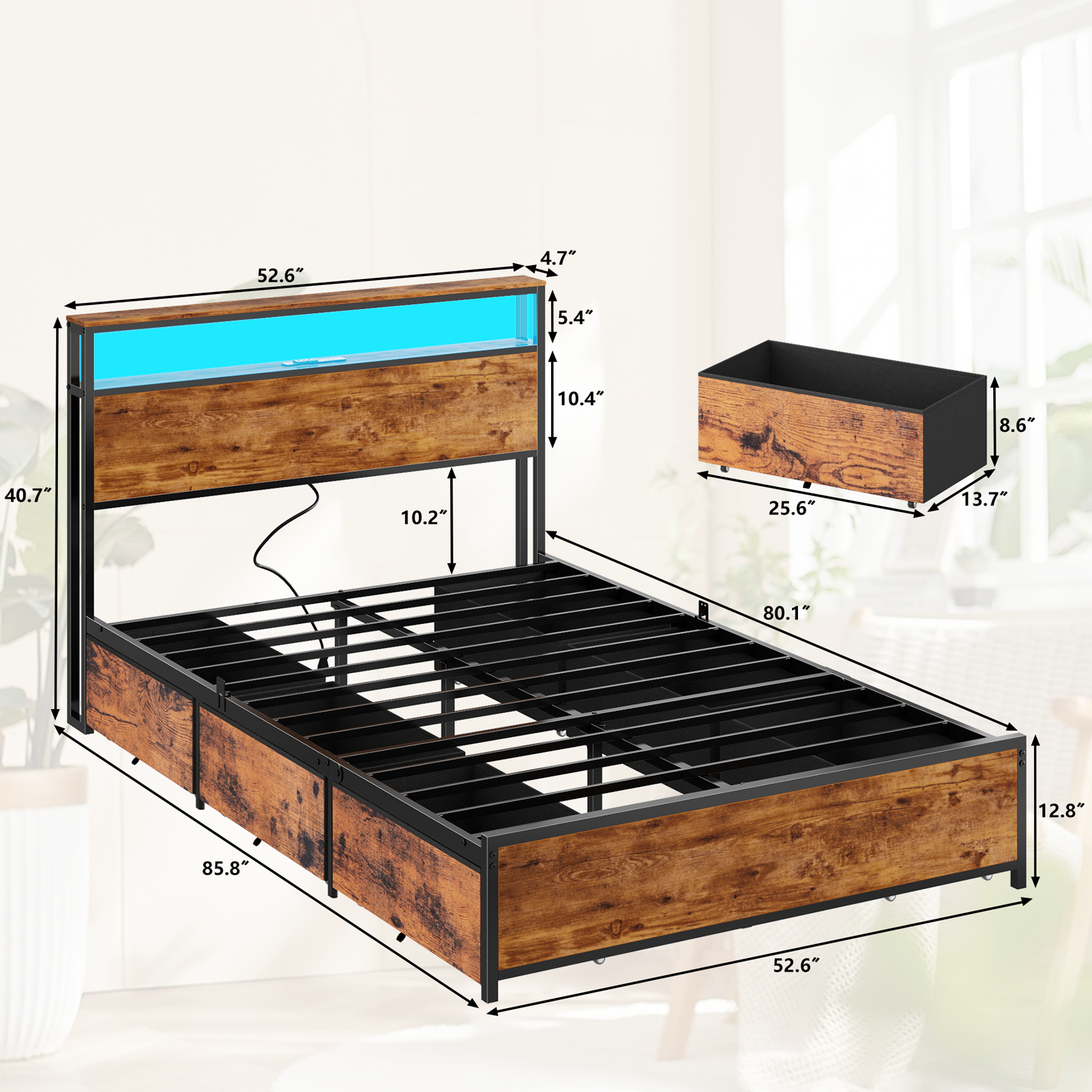 Full Size Bed Frame with 6 Storage Drawers Metal Platform Bed Frame with 2-Tier Storage Headboard LED Built in Charging Station No Box Spring Needed