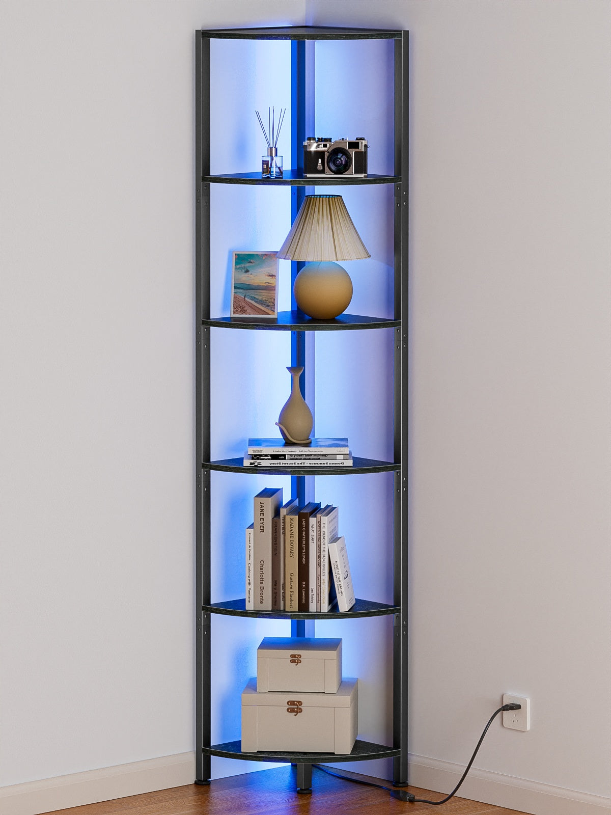 Furnulem 6 Tier Corner Shelf with LED Light, 67.5” Tall Standing Shelf Organizer, Narrow Bookshelf with Storage Rack for Wall Corner, Living Room